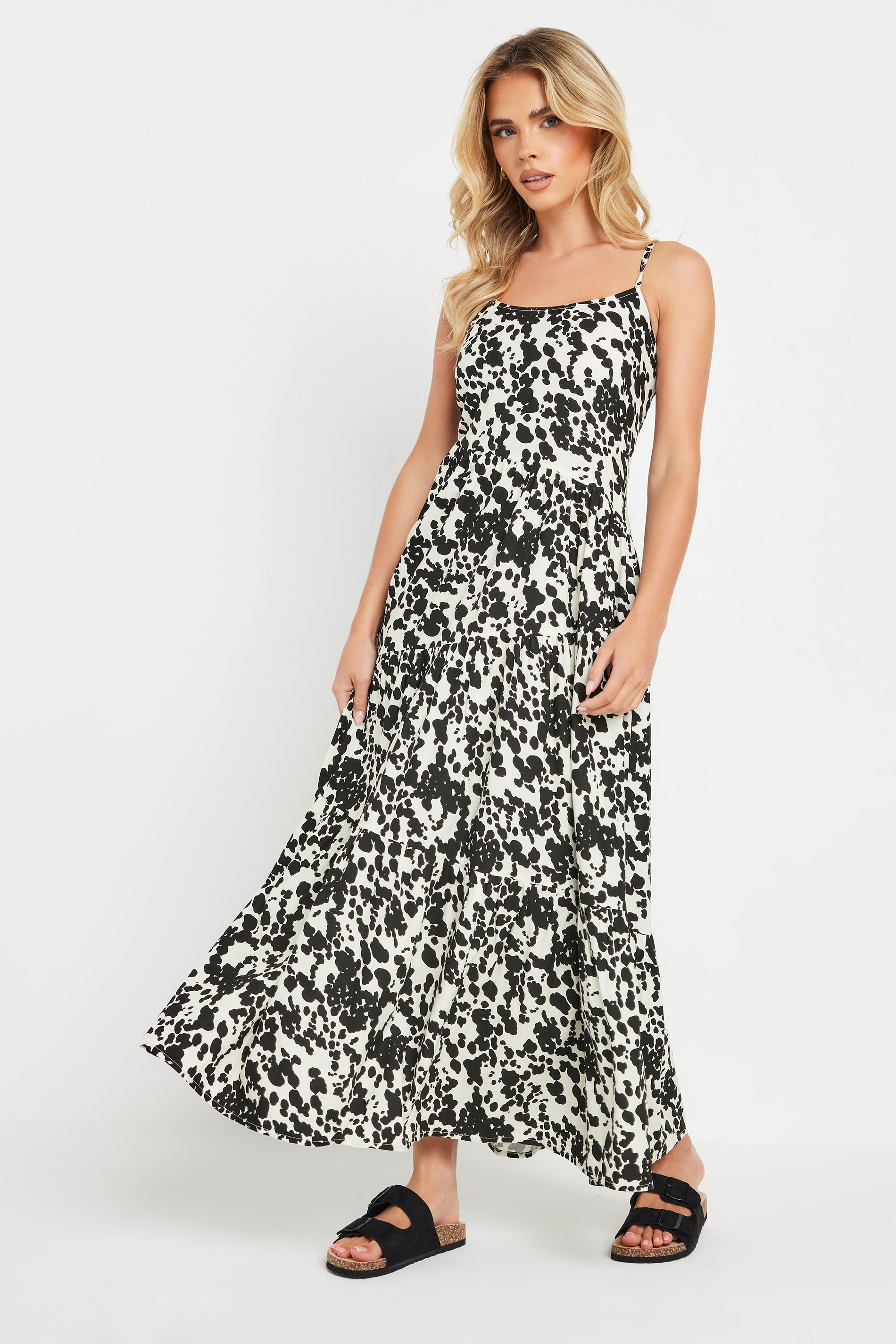 PixieGirl Petite Women's Black & White Cow Print Asymmetric Tiered Dress | PixieGirl 4