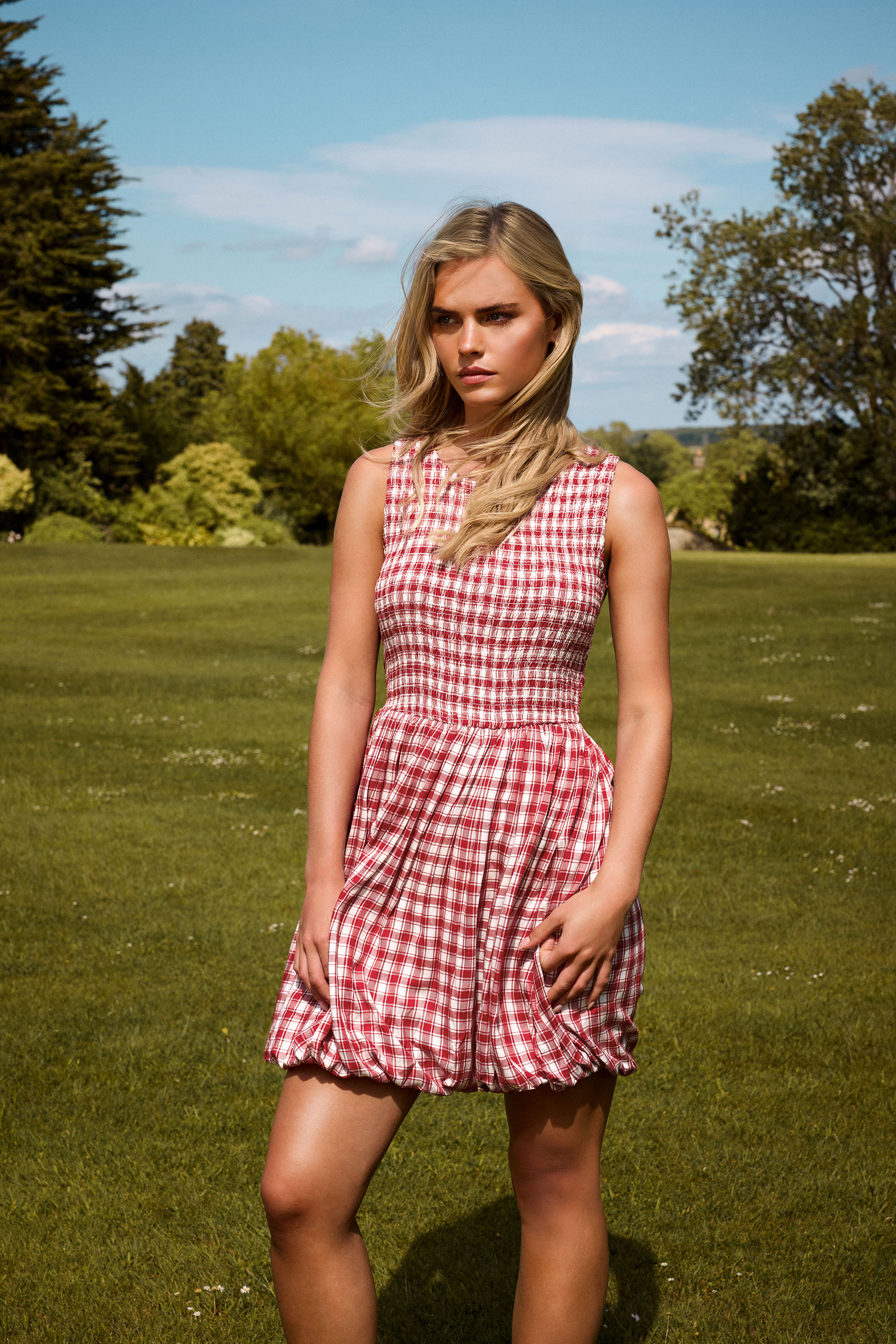 PixieGirl Petite Women's Red Gingham Shirred Bubble Hem Mini Dress | PixieGirl 1