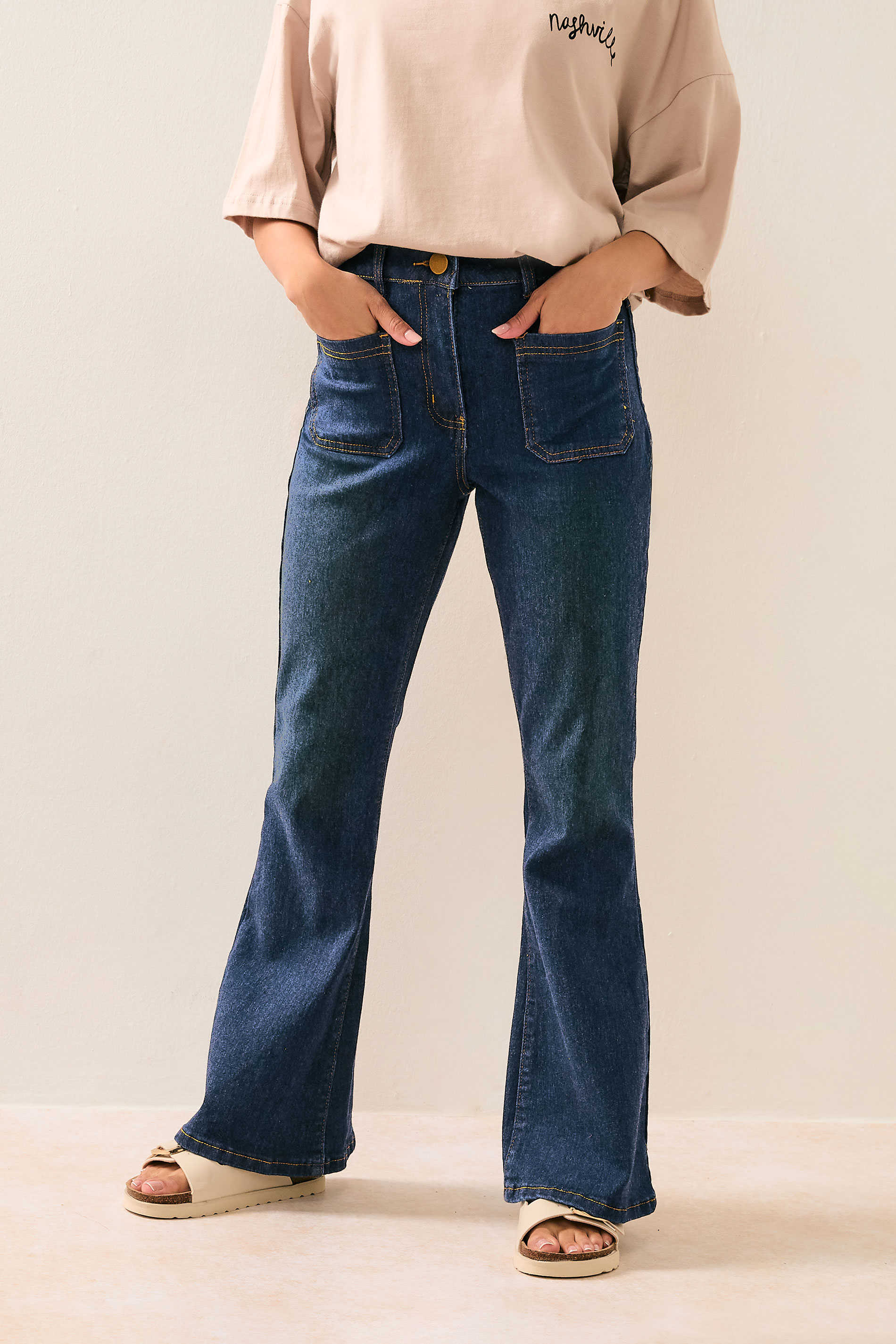 PixieGirl Petite Women's Indigo Blue Stretch Pocket Patch Flared Jeans | PixieGirl 3