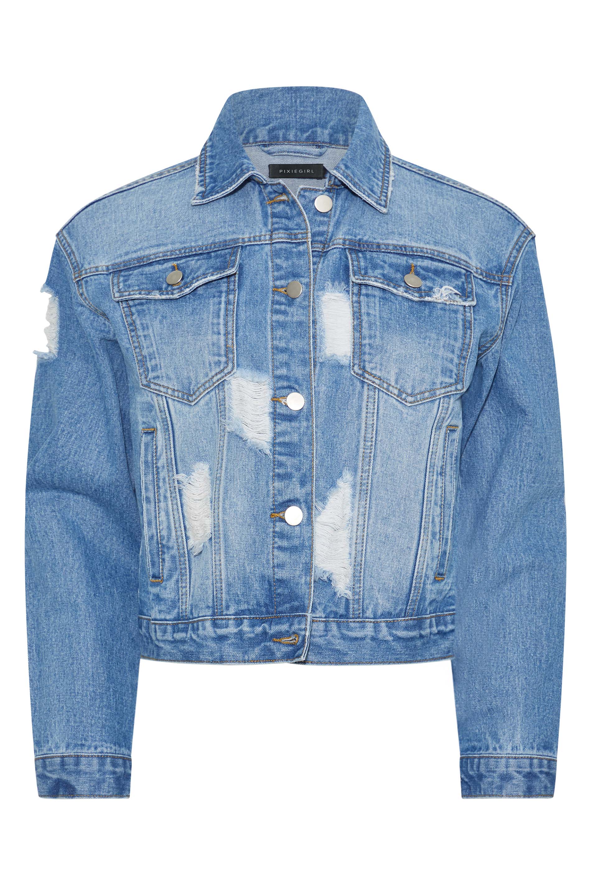 Petite Mid Blue Distressed Denim Jacket | PixieGirl 7