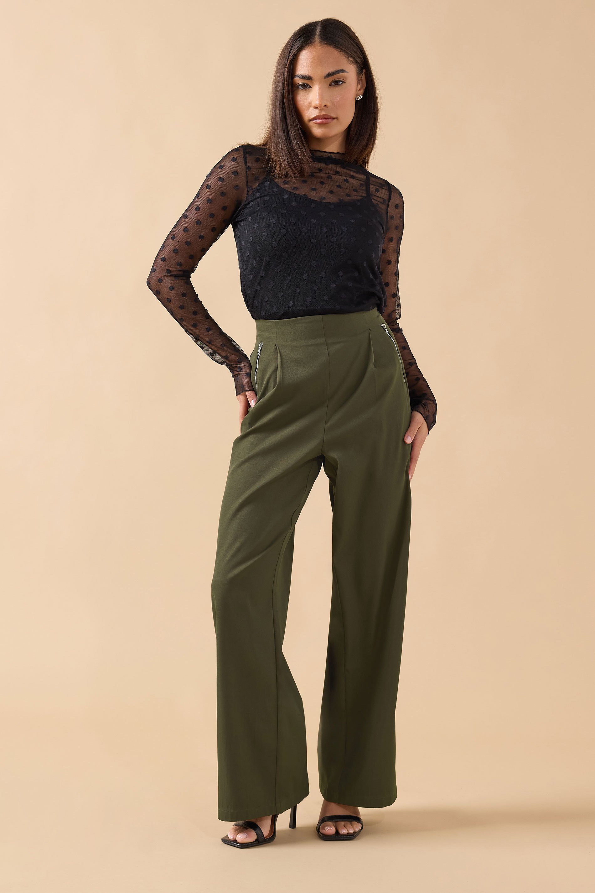 PixieGirl Petite Women's Khaki Green Zip Pleated Trousers | PixieGirl 1