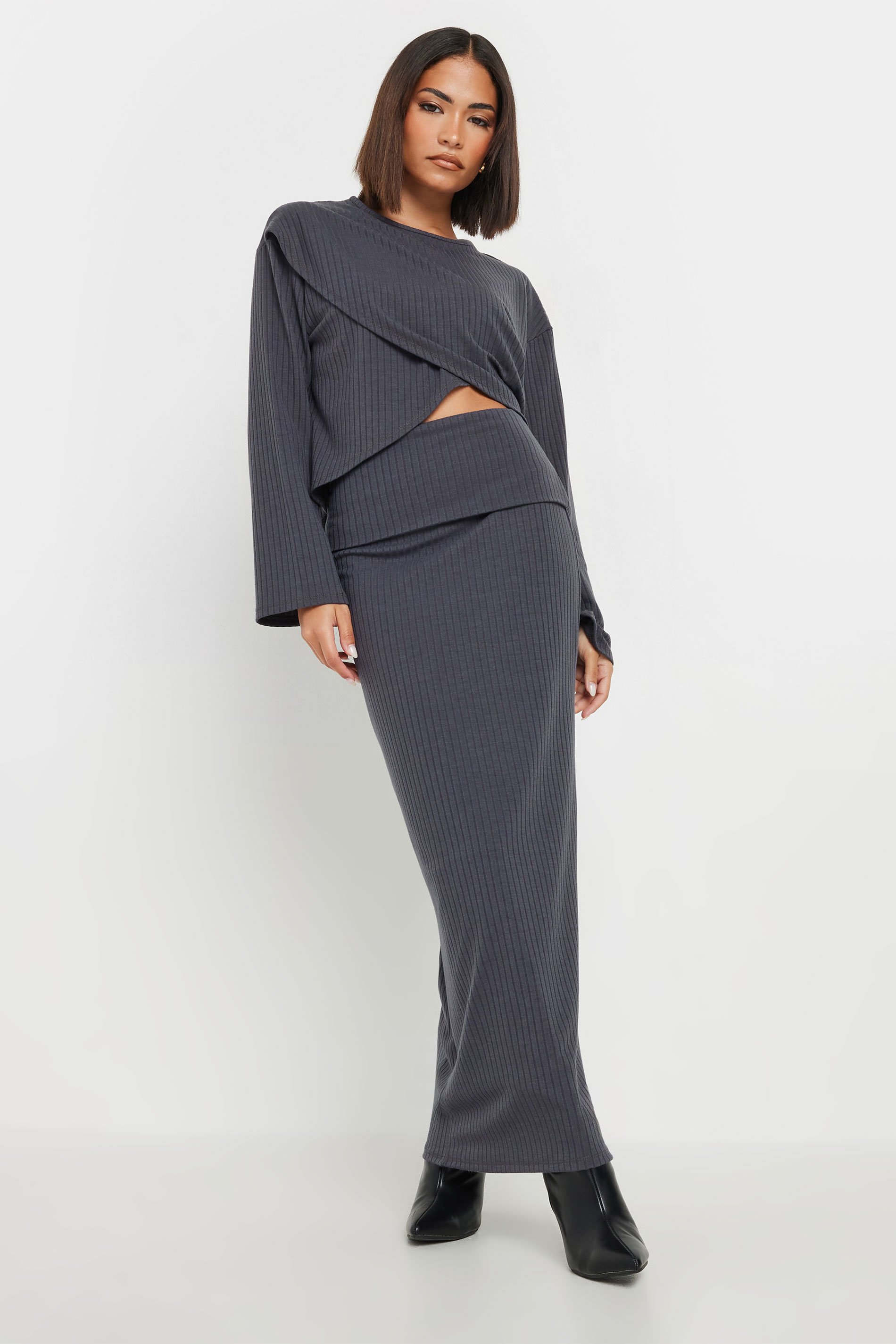 PixieGirl Petite Women's Grey Cross Over Long Sleeve Ribbed Top | PixieGirl 2