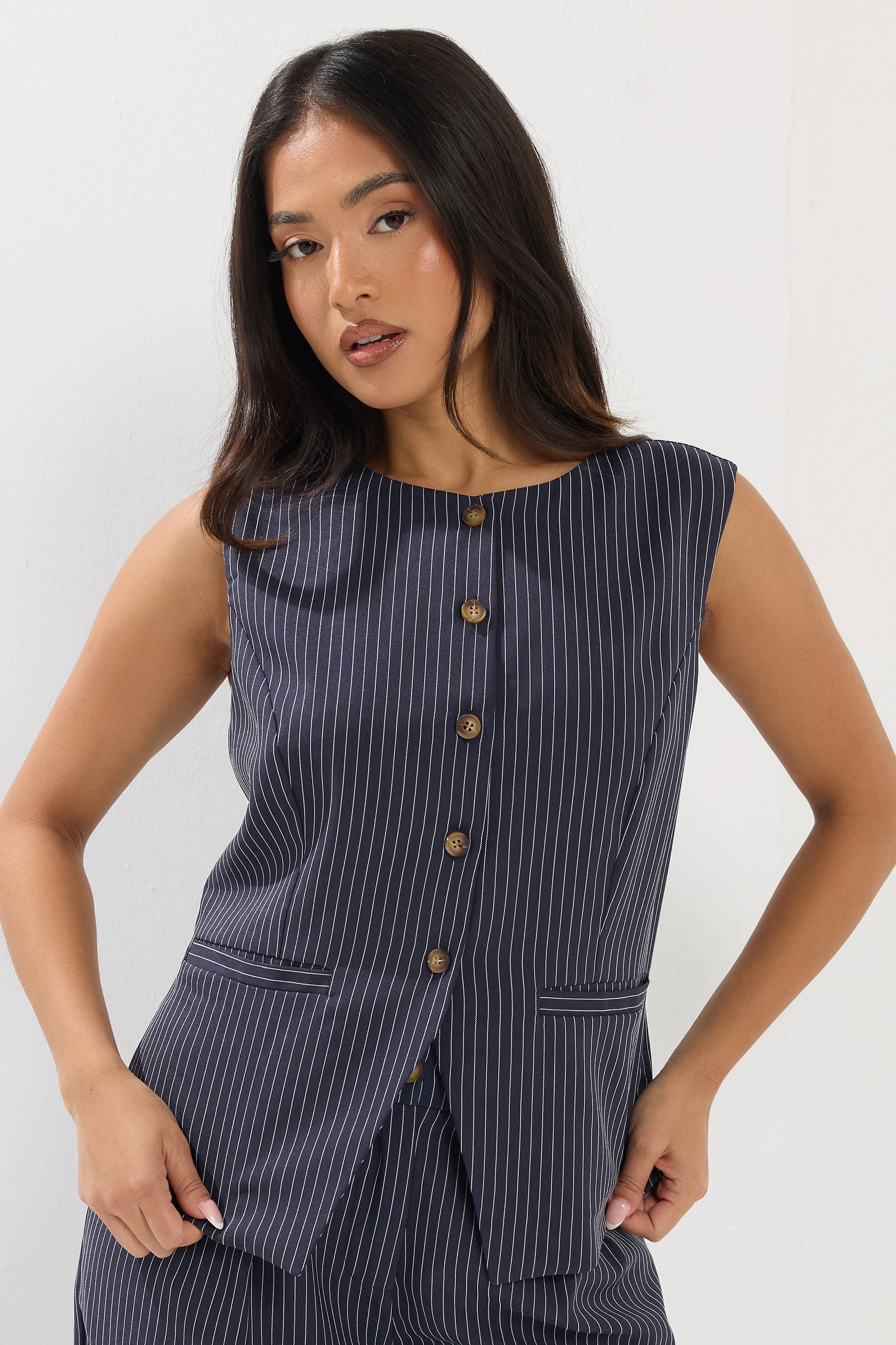 PixieGirl Petite Women's Navy Blue Pinstripe Waistcoat | PixieGirl 3