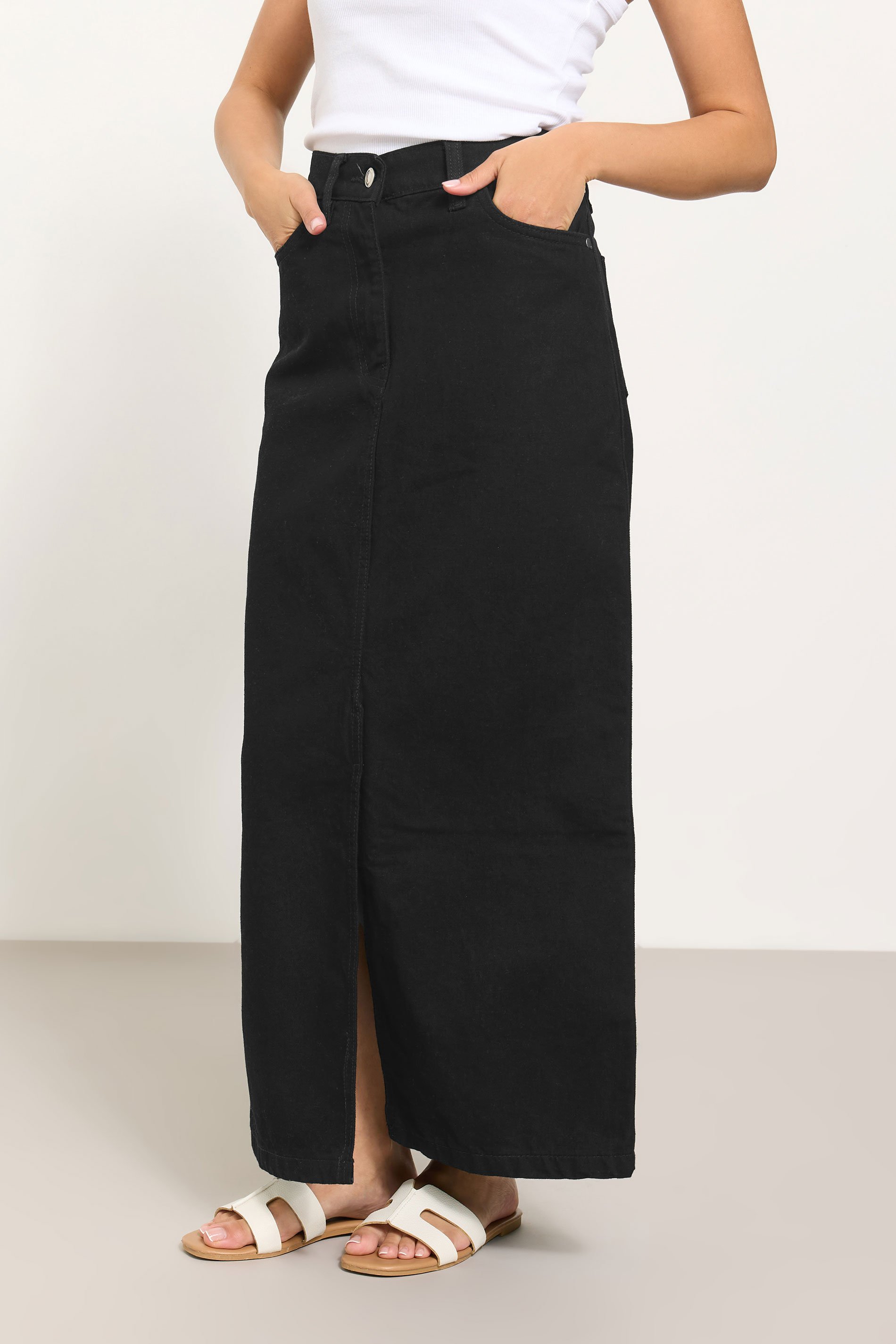 PixieGirl Petite Womens Black Denim Split Maxi Skirt | PixieGirl  2