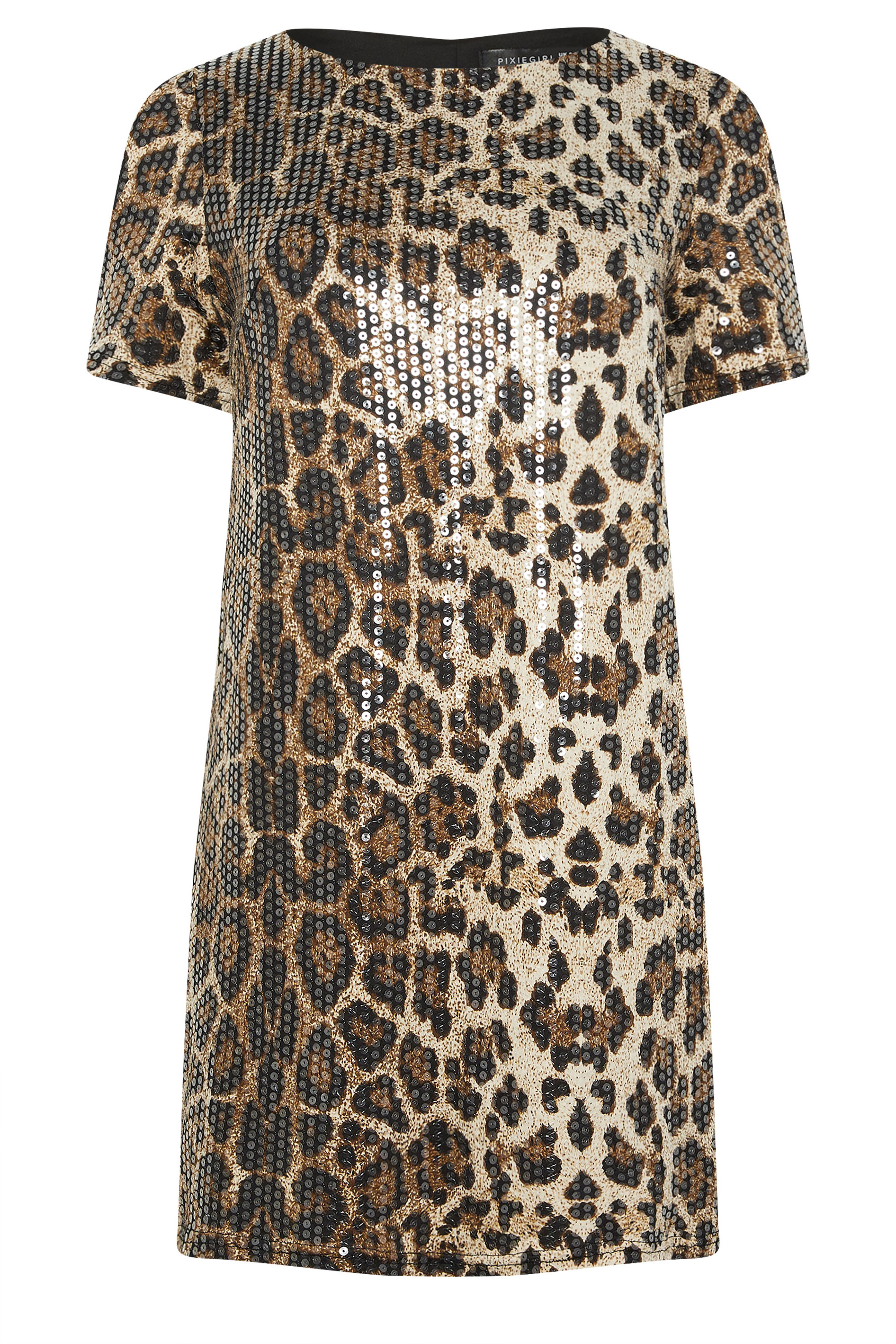 PixieGirl Petite Women's Brown Animal Sequin T-Shirt Mini Dress | PixieGirl 6