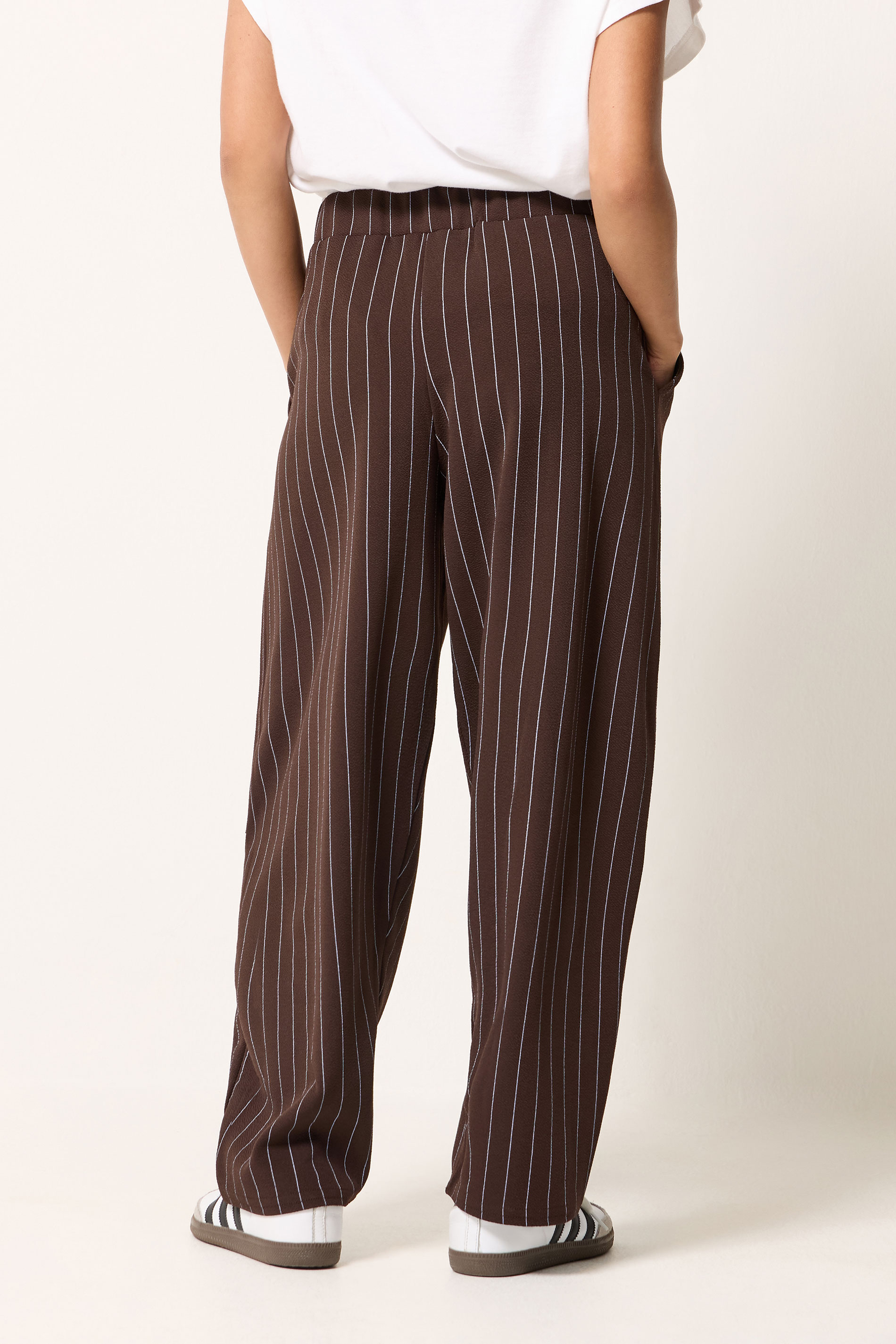PixieGirl Petite Women's Chocolate Brown Pinstripe Barrel Leg Trousers | PixieGirl 2