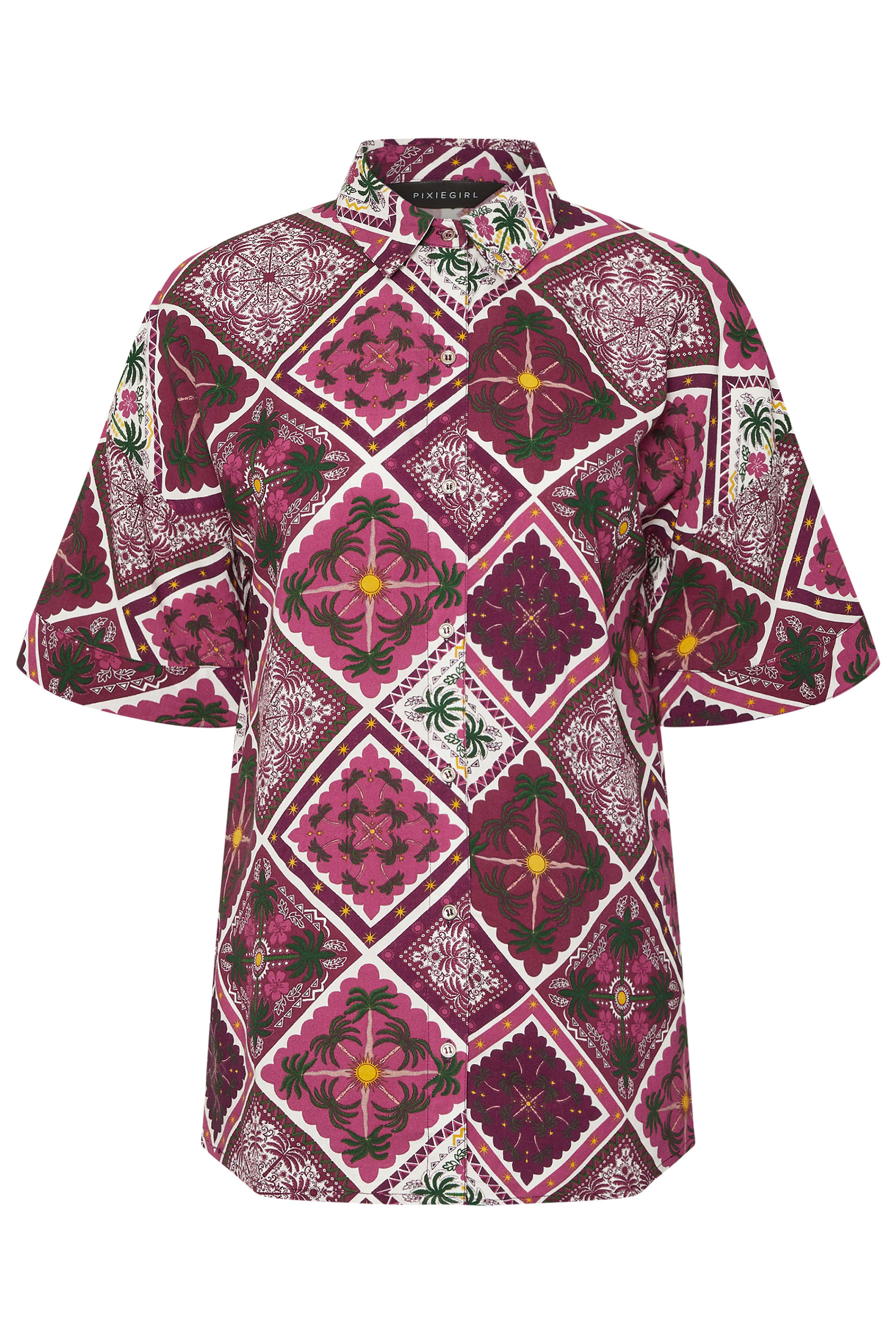 PixieGirl Petite Women's Purple Tile Print Short Sleeve Shirt | PixieGirl 6