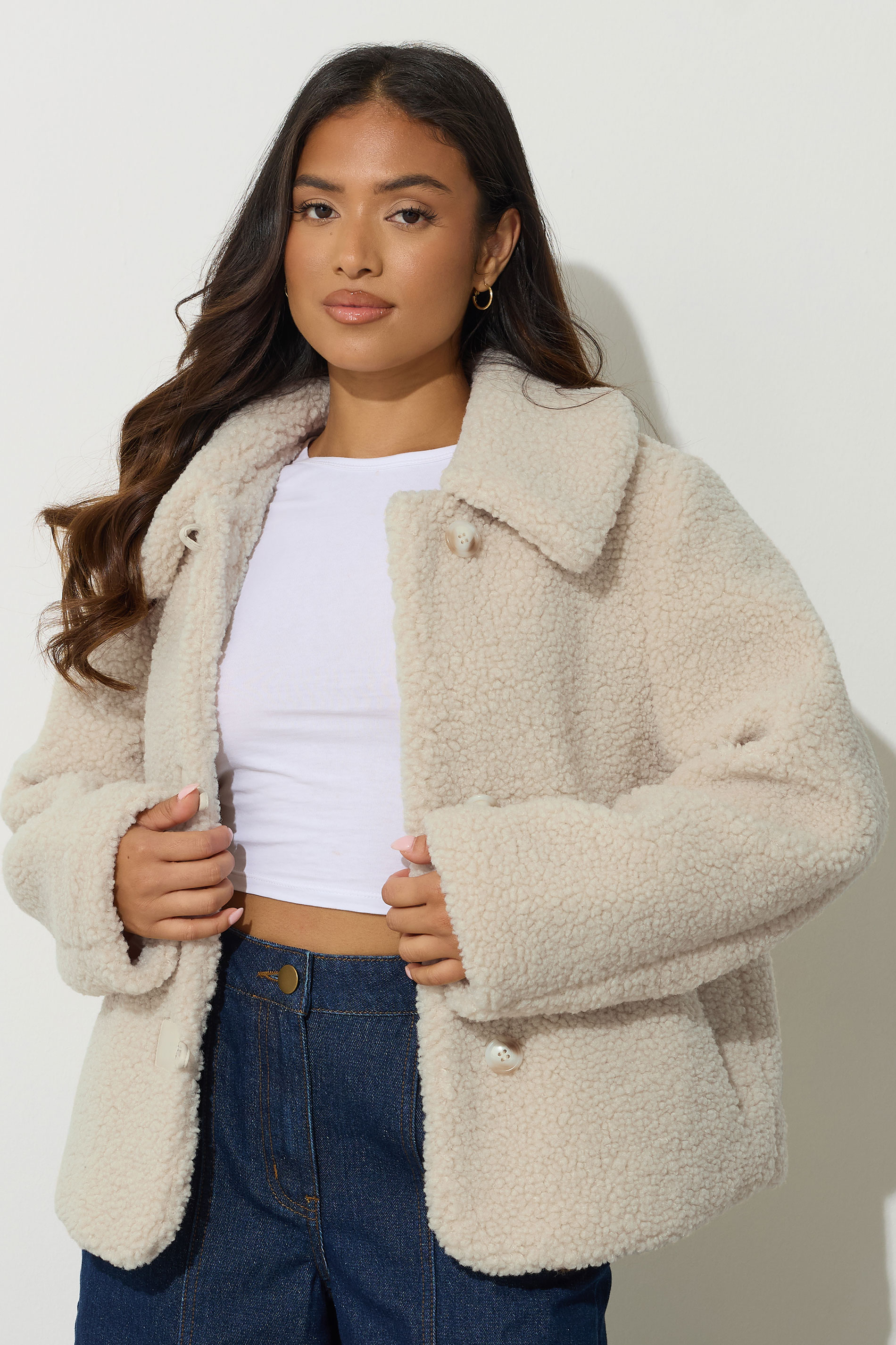 PixieGirl Petite Women's Ivory White Borg Button Jacket | PixieGirl 1