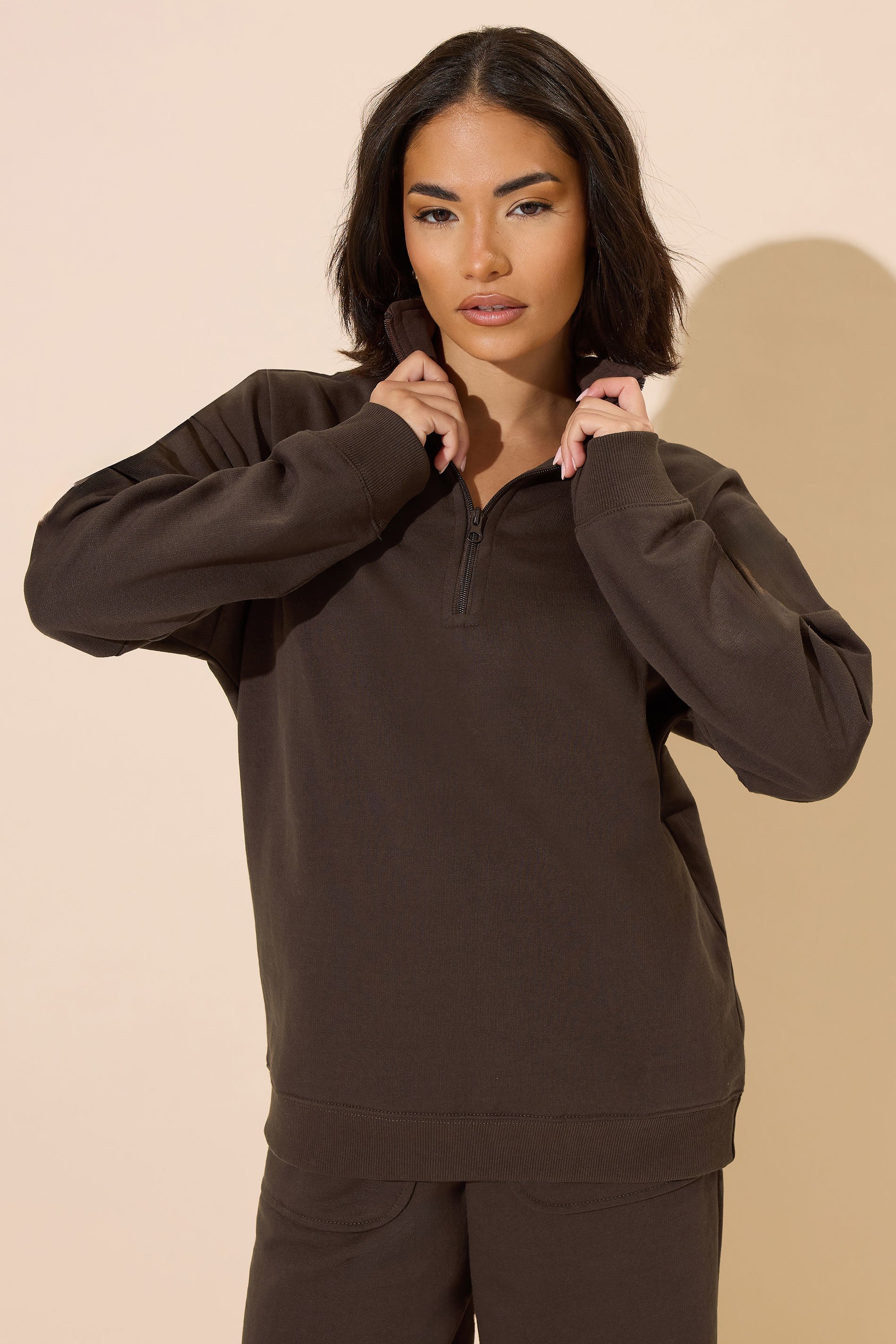 PixieGirl Petite Women's Chocolate Brown Quarter Zip Sweatshirt | PixieGirl 2