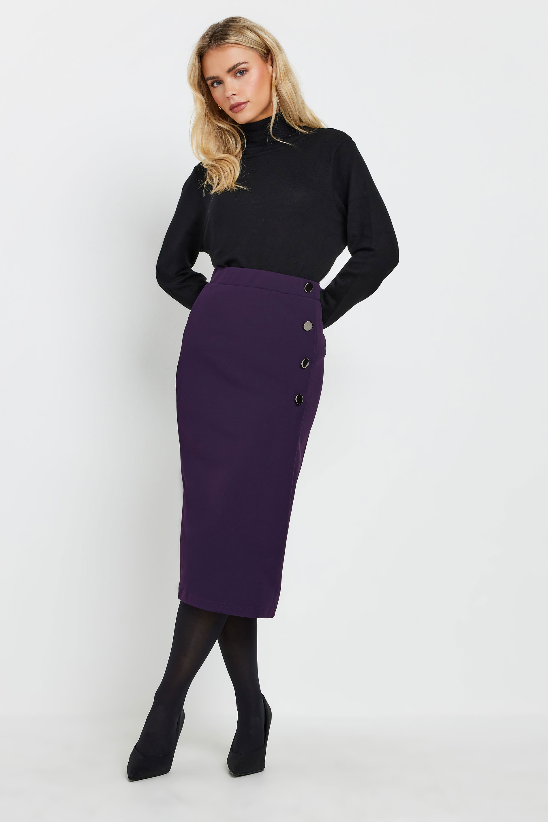 M&Co Petite Berry Purple Button Detail Midi Skirt | M&Co 1