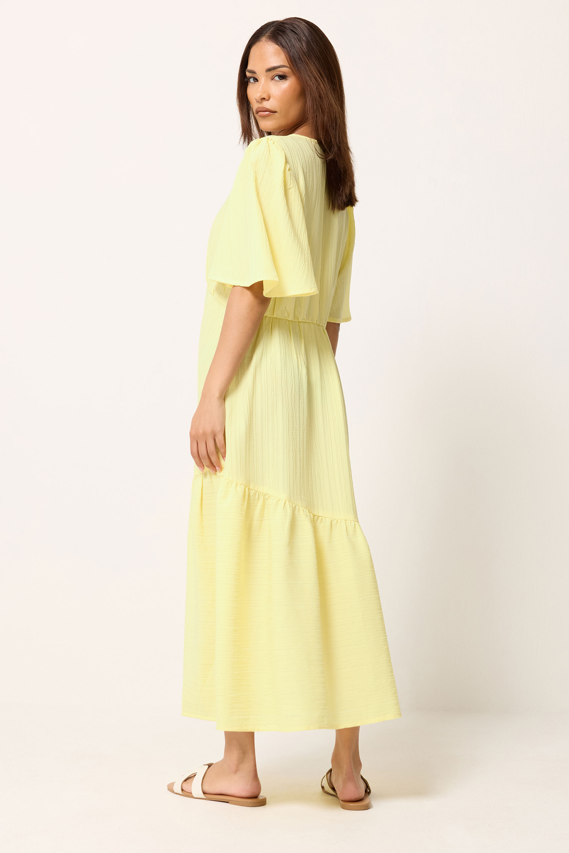 PixieGirl Petite Yellow Asymmetric Tiered Midi Dress | PixieGirl 2
