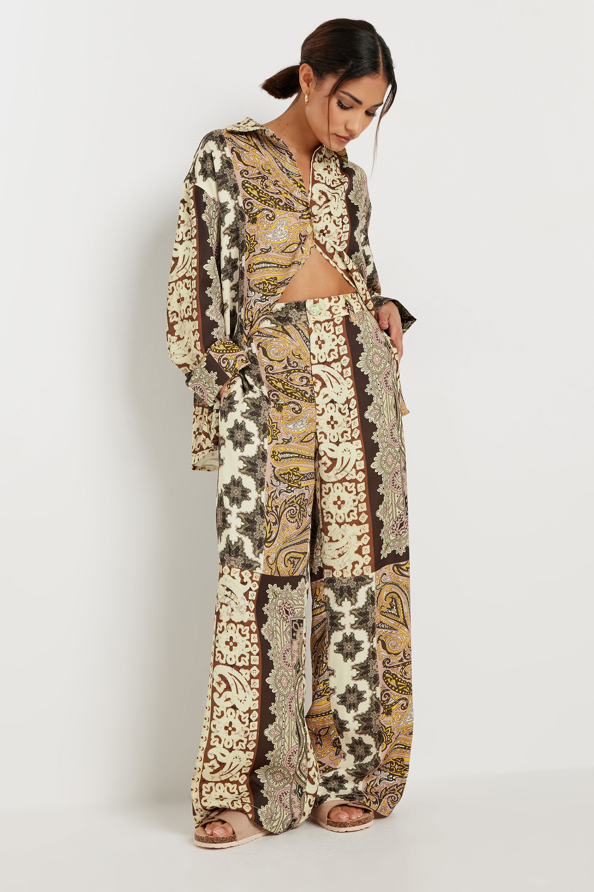 PixieGirl Petite Women's Beige Brown Patchwork Wide Leg Trousers | PixieGirl 6