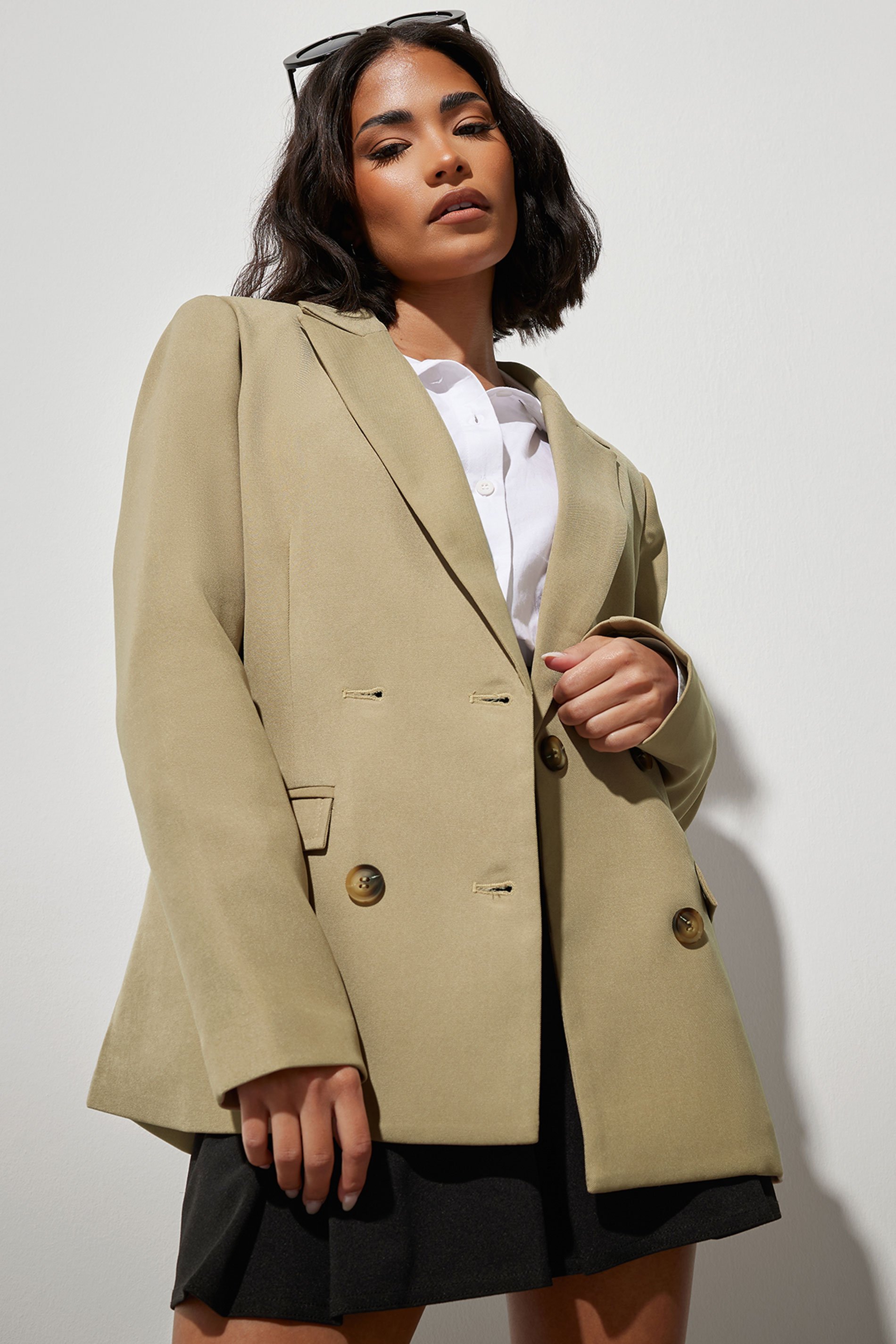 PixieGirl Petite Women's Stone Brown Tailored Double Breasted Blazer | PixieGirl 1