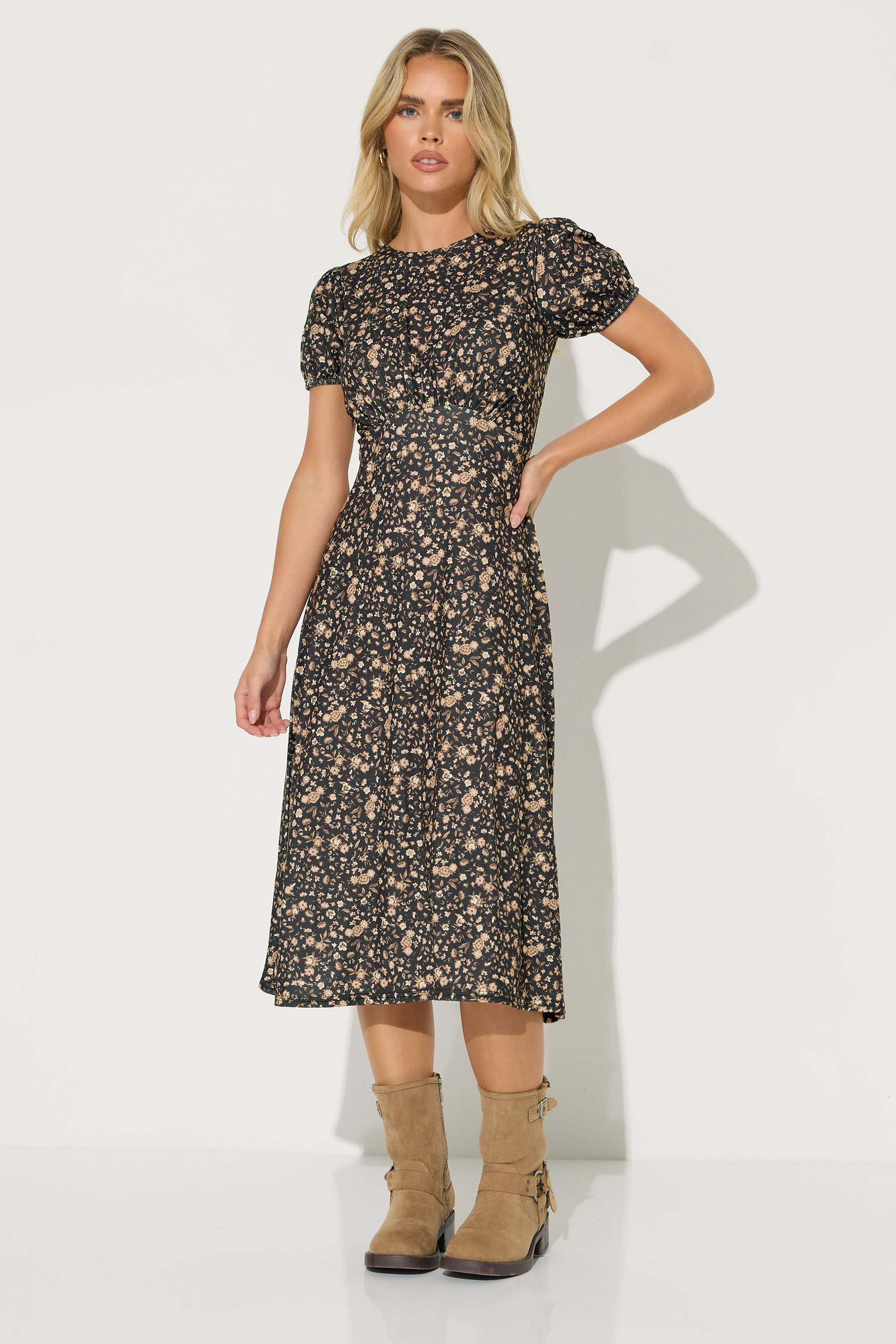 PixieGirl Petite Women's Brown Ditsy Floral Tea Dress | PixieGirl 1