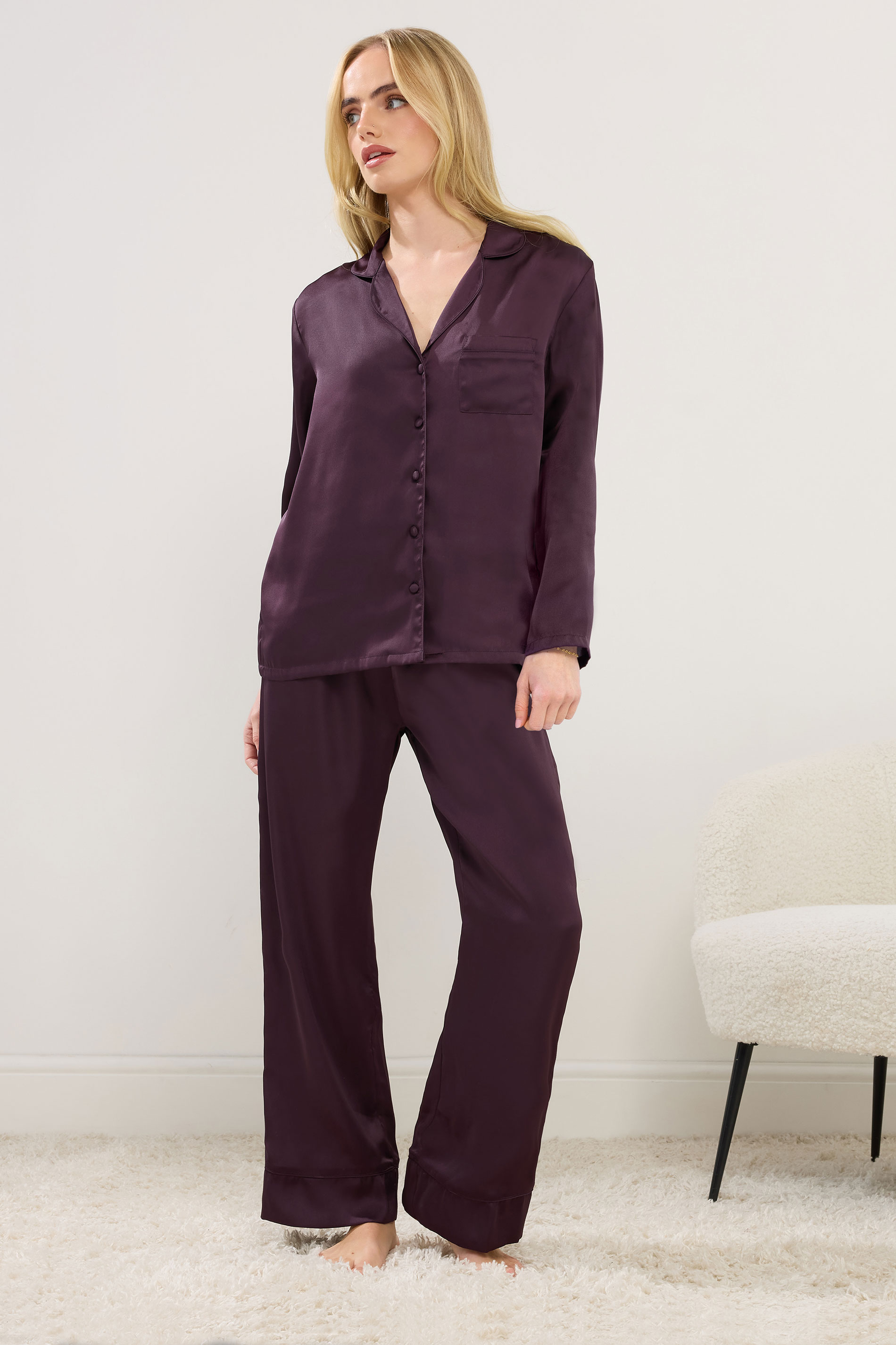 PixieGirl Petite Women's Burgundy Red Satin Button Pyjama Set | PixieGirl 1