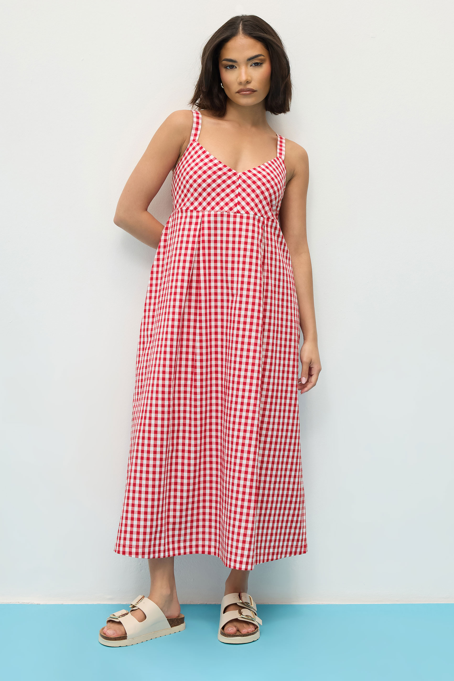 PixieGirl Petite Women's Red Gingham Strappy Midi Dress | PixieGirl 1