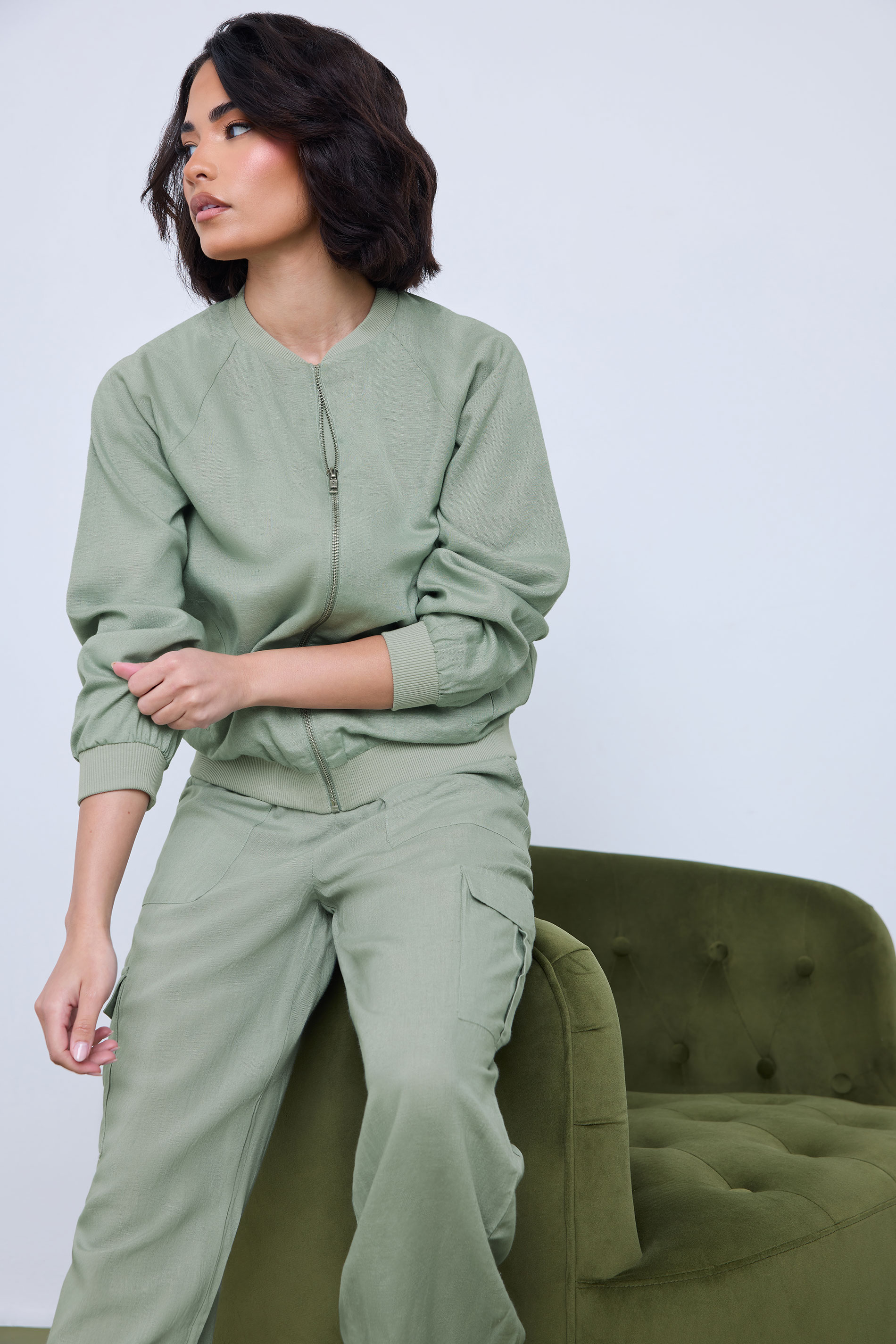 PixieGirl Petite Womens Sage Green Linen Bomber Jacket | PixieGirl 1