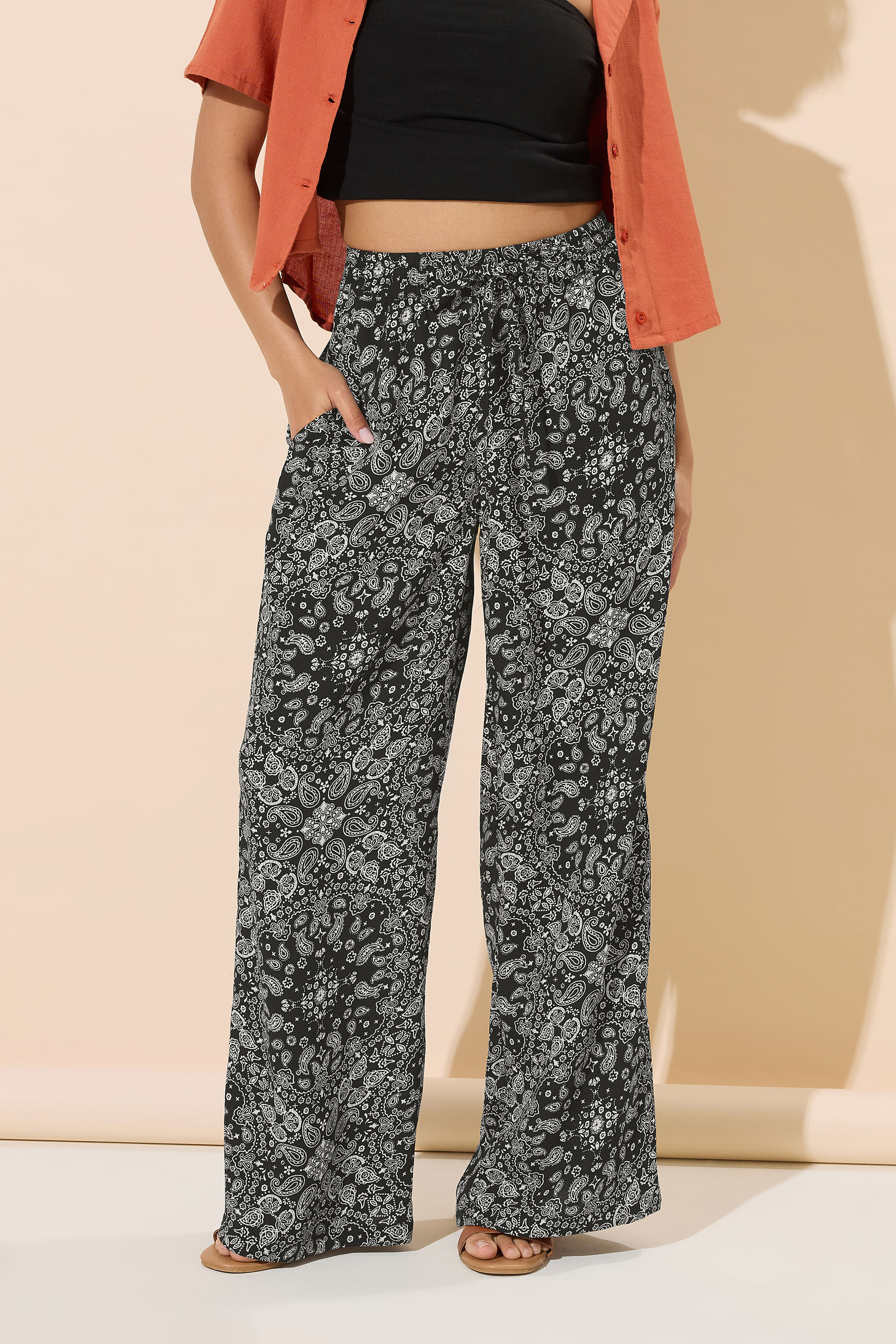 PixieGirl Petite Women's Black Paisley Wide Leg Trousers | PixieGirl 1