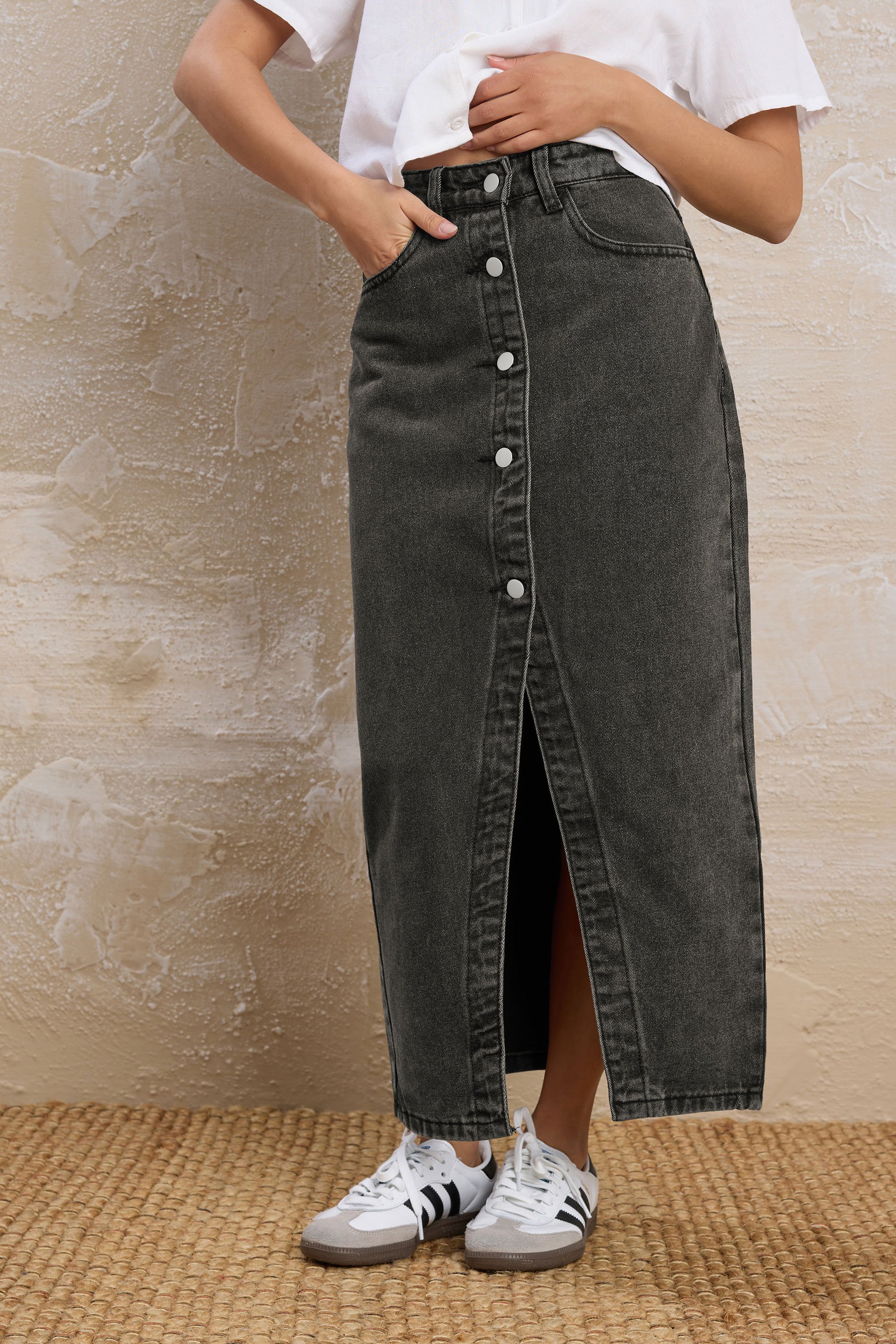 PixieGirl Petite Women's Black Denim Button Midi Skirt | PixieGirl 1