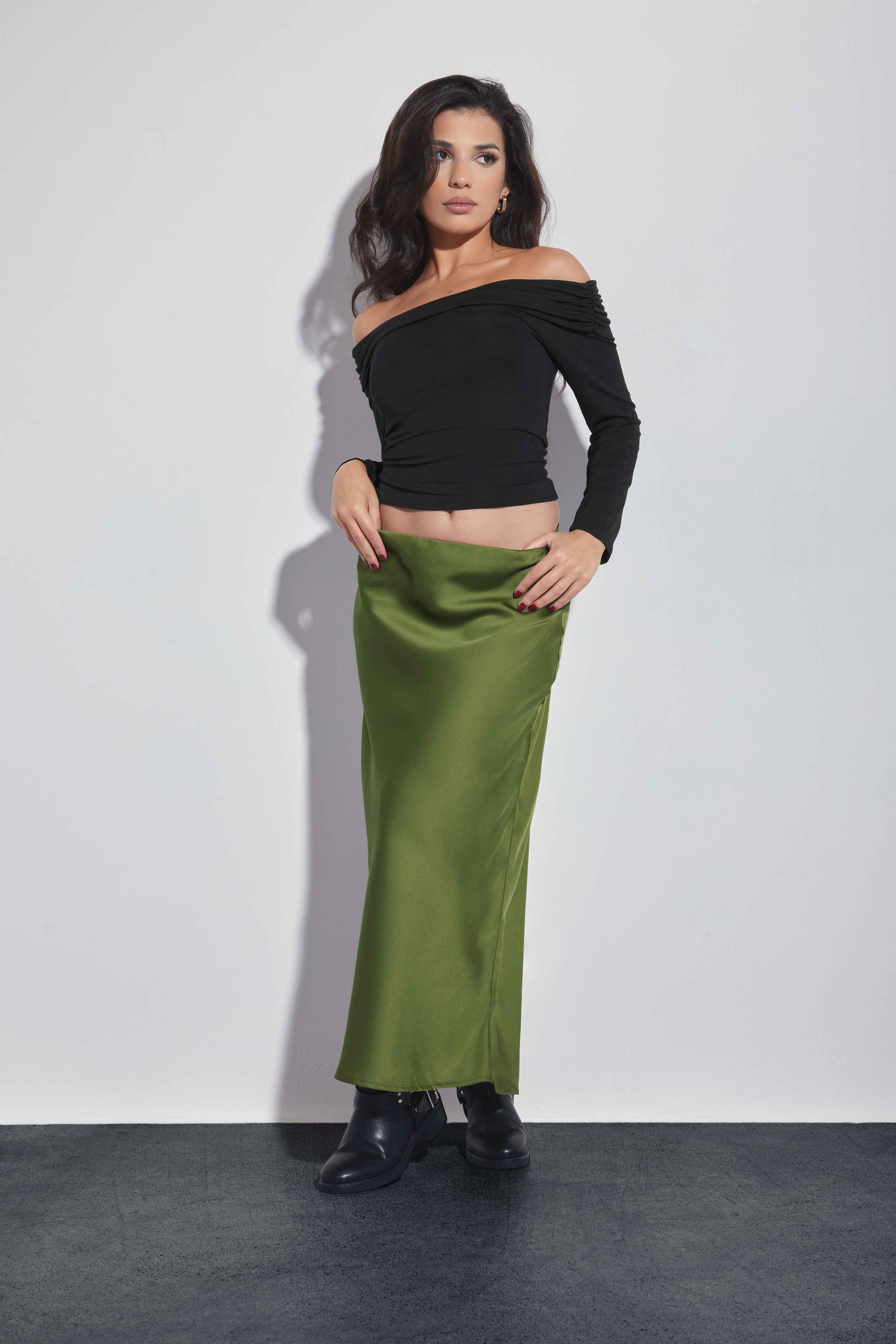 PixieGirl Petite Olive Green Satin Midaxi Skirt | PixieGirl  1