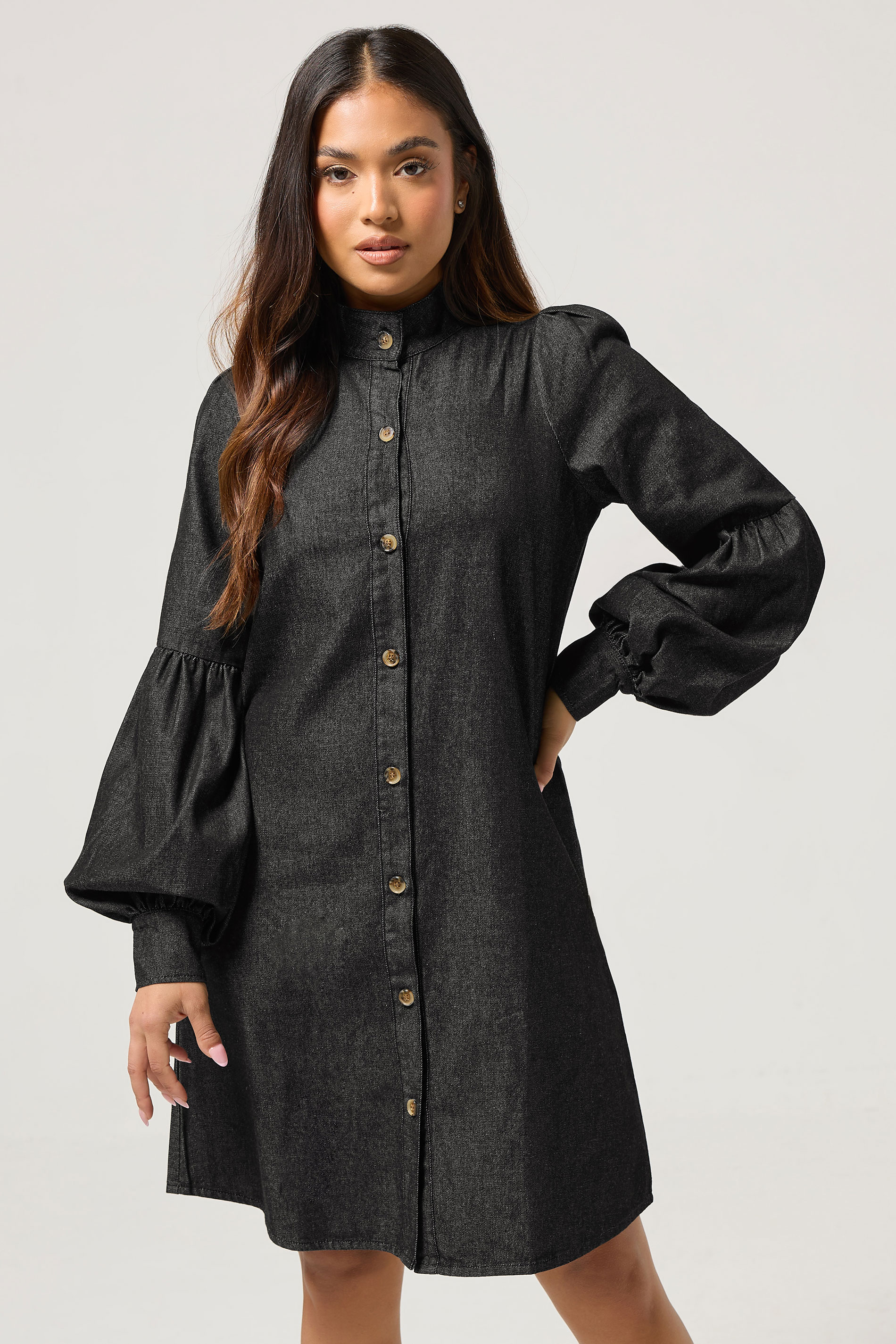 PixieGirl Petite Women's Black Denim Balloon Sleeve Shirt Dress | PixieGirl 1