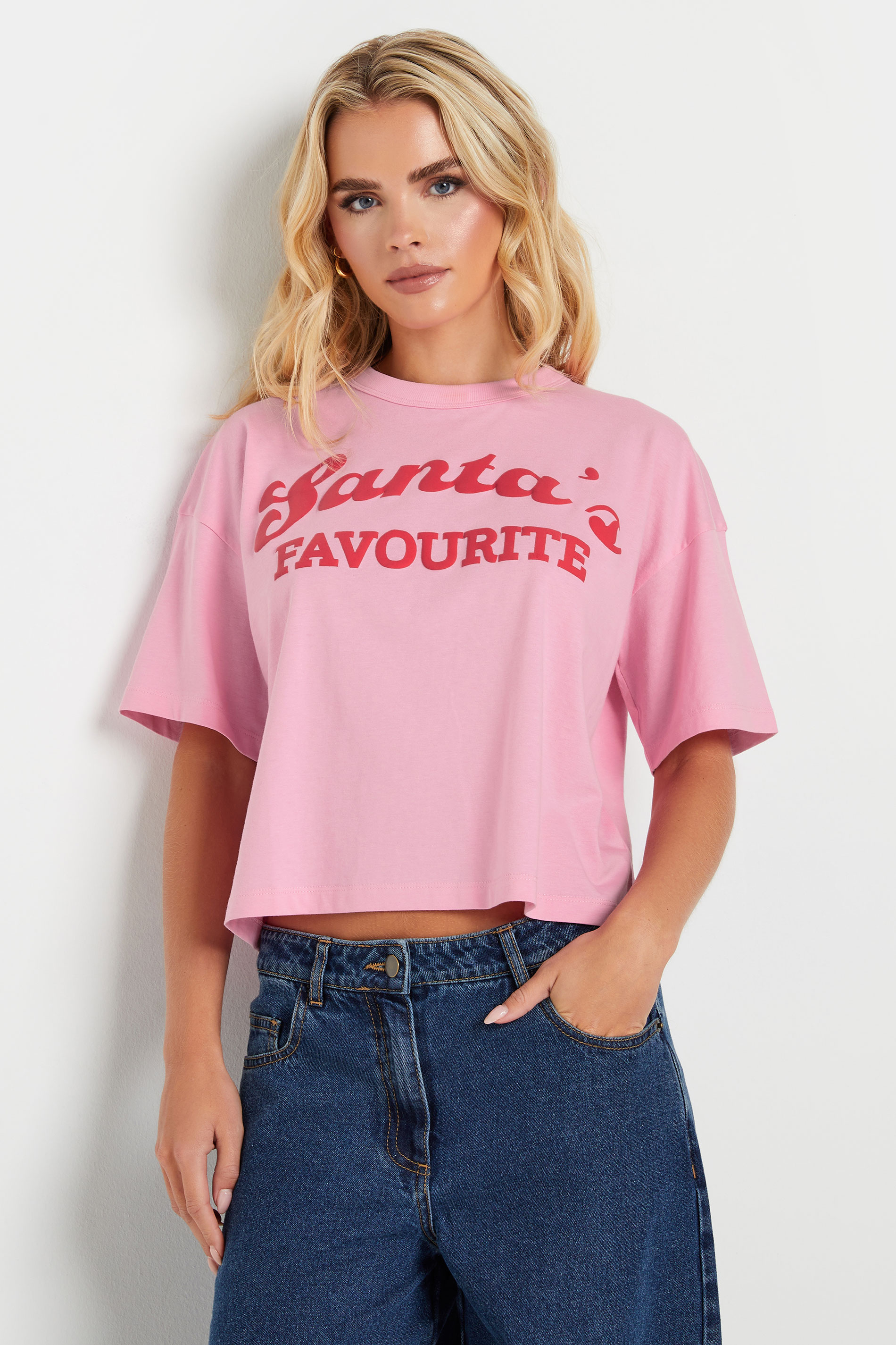 PixieGirl Petite Women's Pink 'Santa's Favourite' Slogan Crop Top | PixieGirl 3