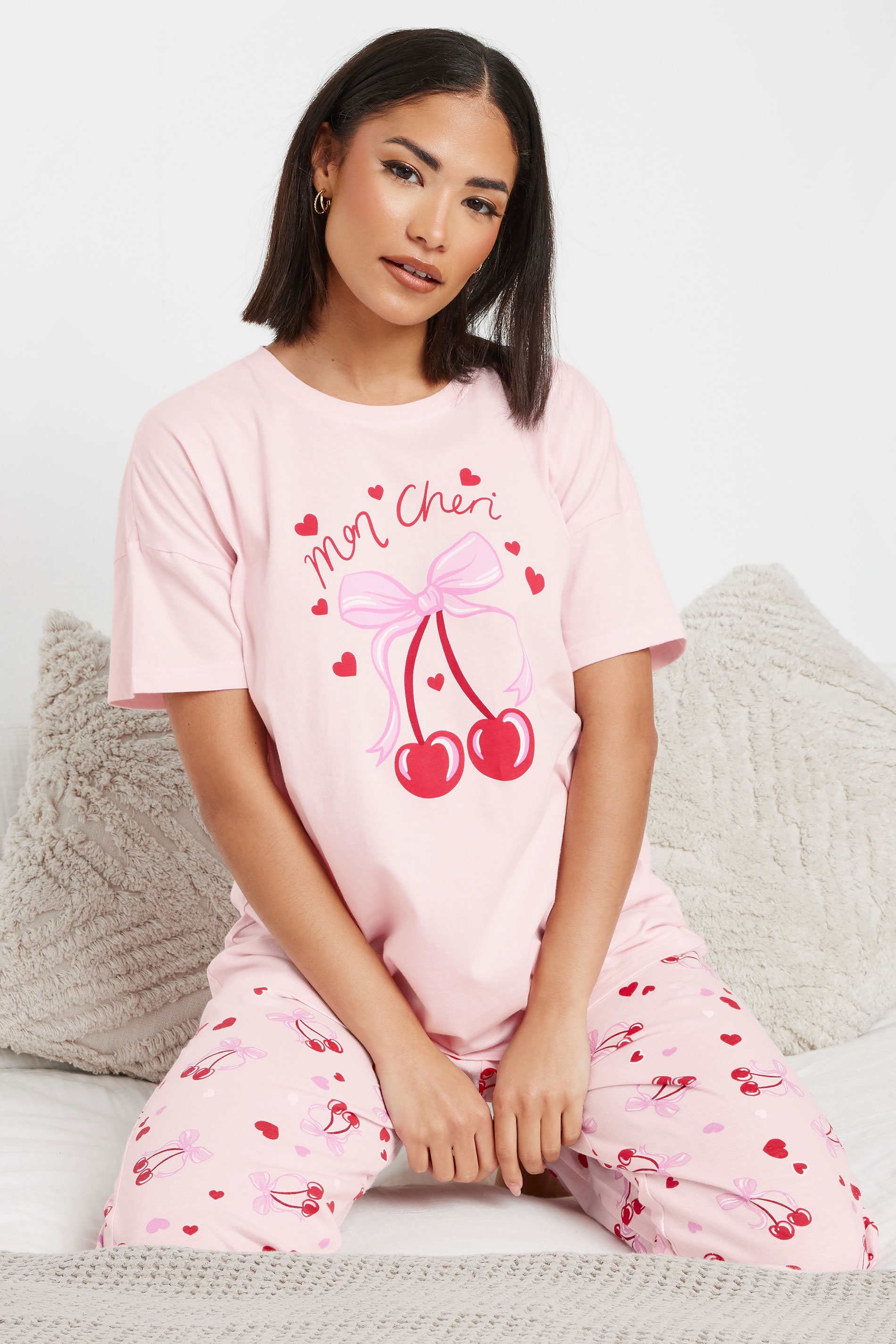 PixieGirl Petite Women's Pink 'Mon Cheri' Graphic Cuffed Pyjama Set | PixieGirl 2
