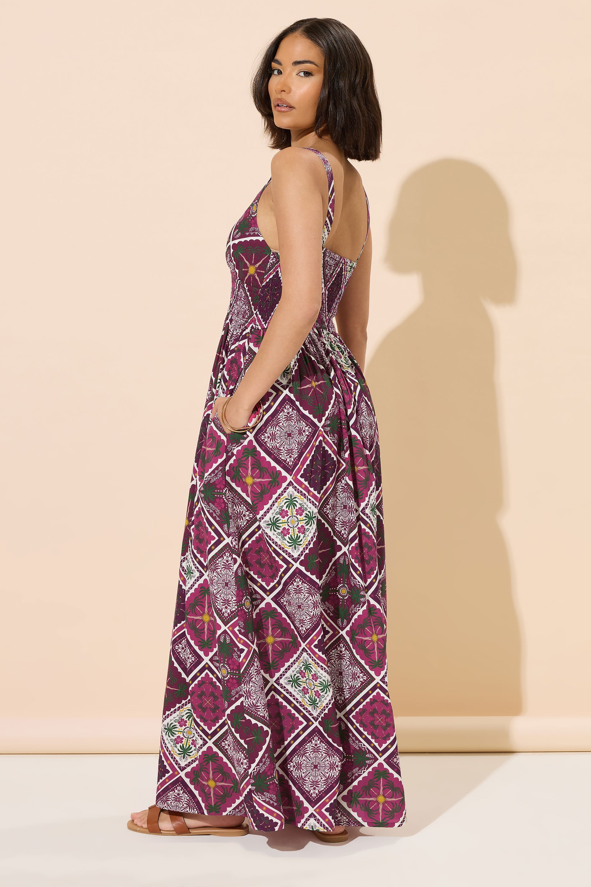 PixieGirl Petite Women's Purple Tile Print Wrap Maxi Dress | PixieGirl 3