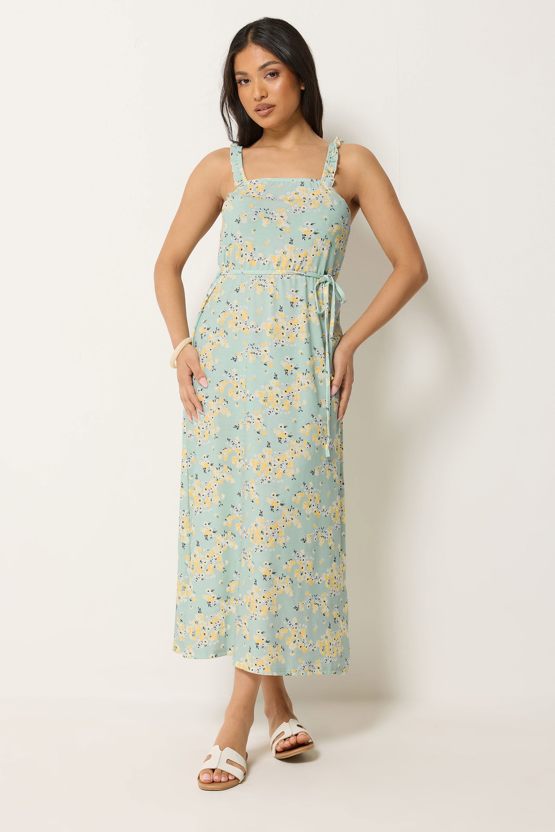 Pixiegirl Women's Green Petite Sage Ditsy Floral Belted Midi Dress Size 12