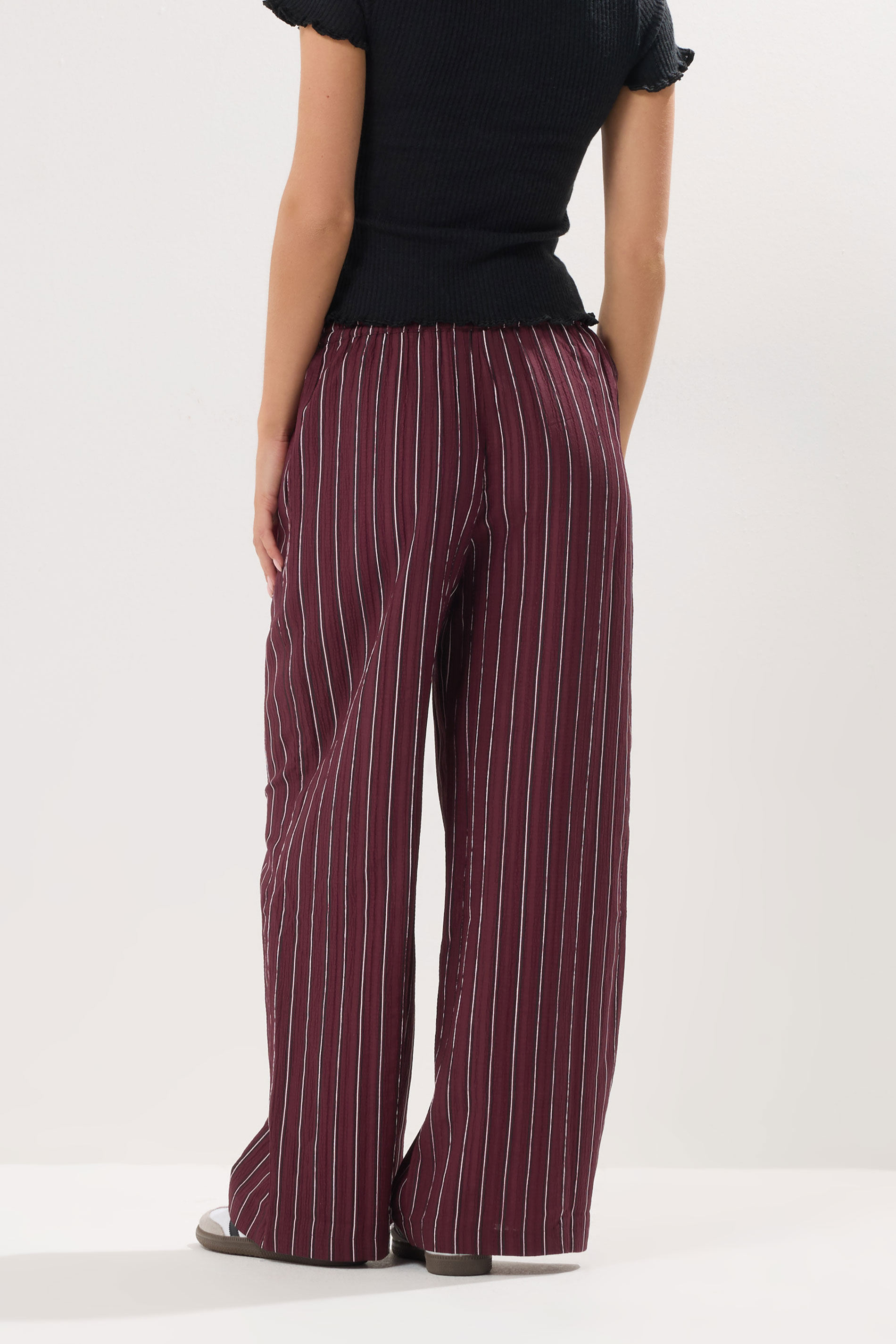 PixieGirl Petite Women's Burgundy Red Striped Tie Waist Trousers | PixieGirl 3