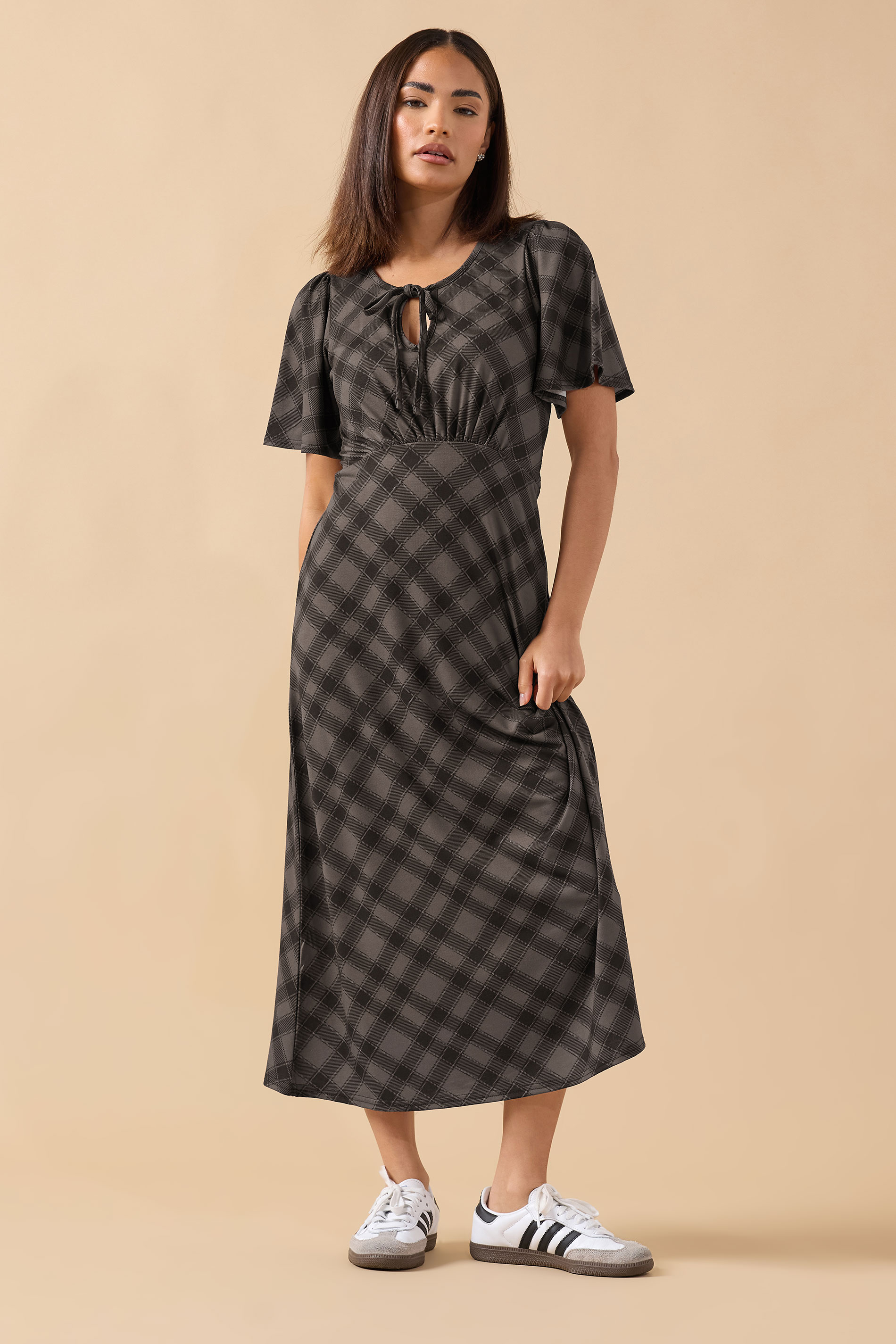 PixieGirl Petite Women's Brown Check Tie Front Midi Dress | PixieGirl 2