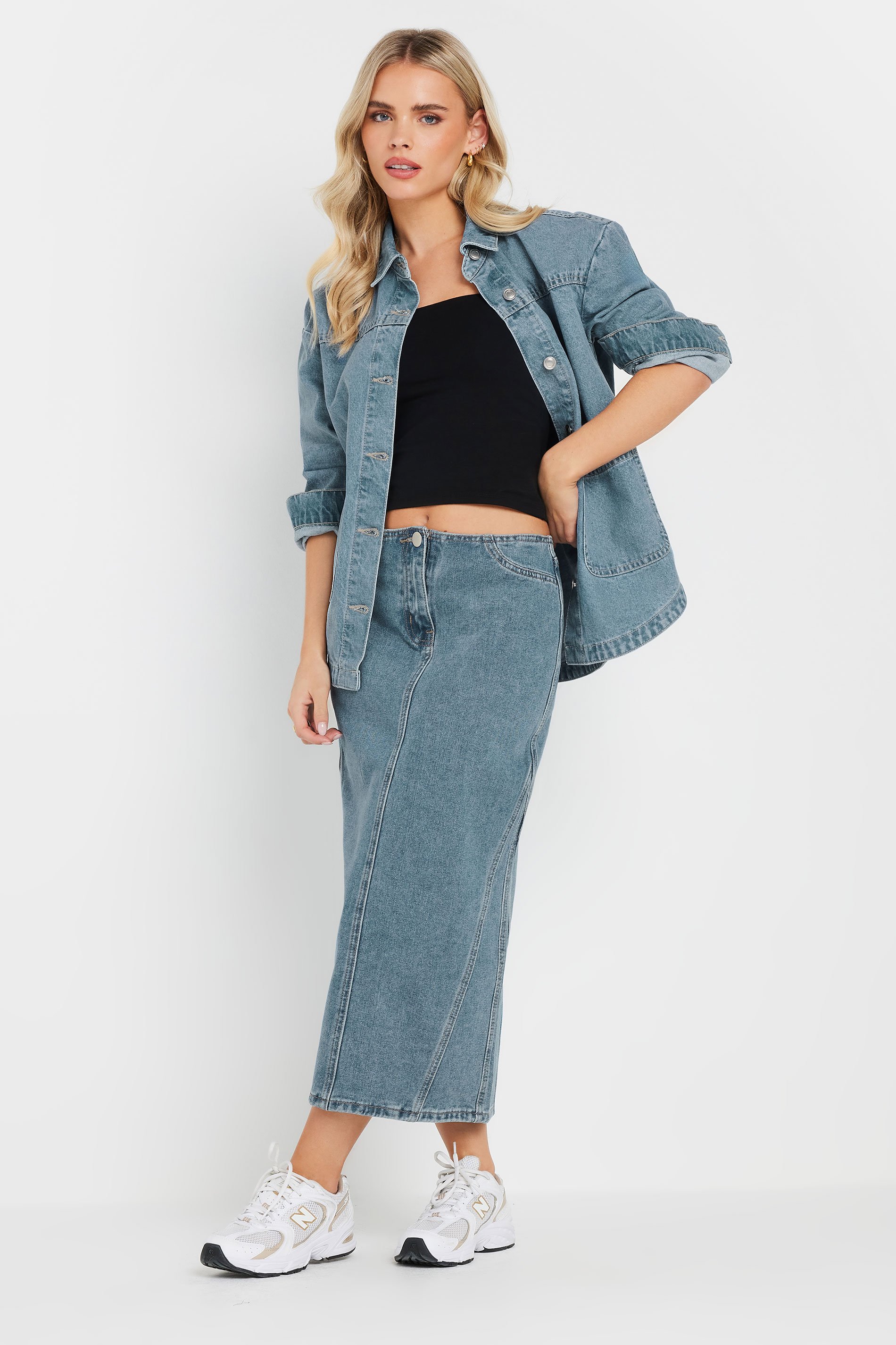 PixieGirl Petite Women's Light Blue Denim Seam Midi Skirt | PixieGirl 1