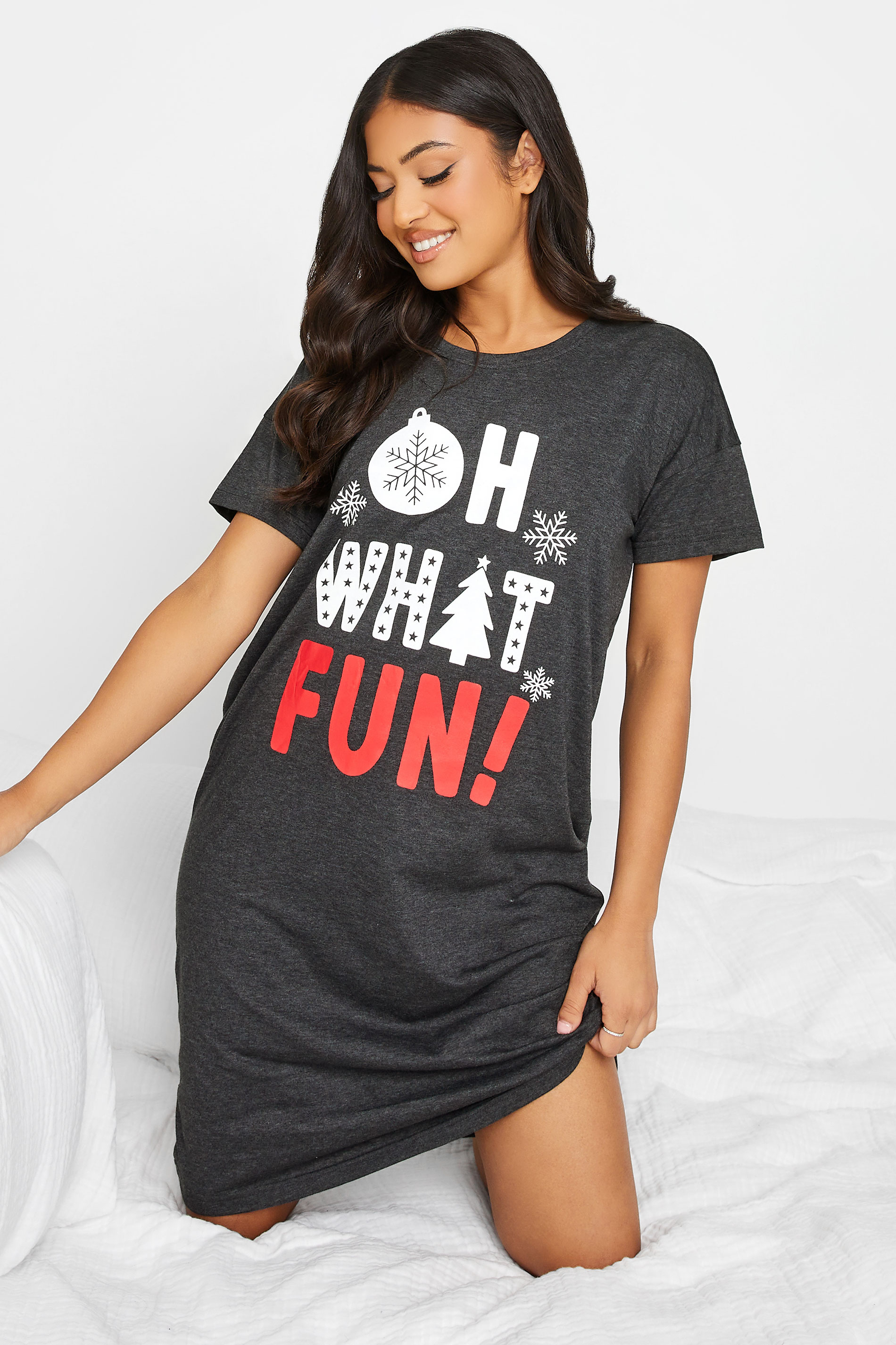 PixieGirl Charcoal Grey 'Oh What Fun!' Slogan Christmas Nightdress | PixieGirl  1