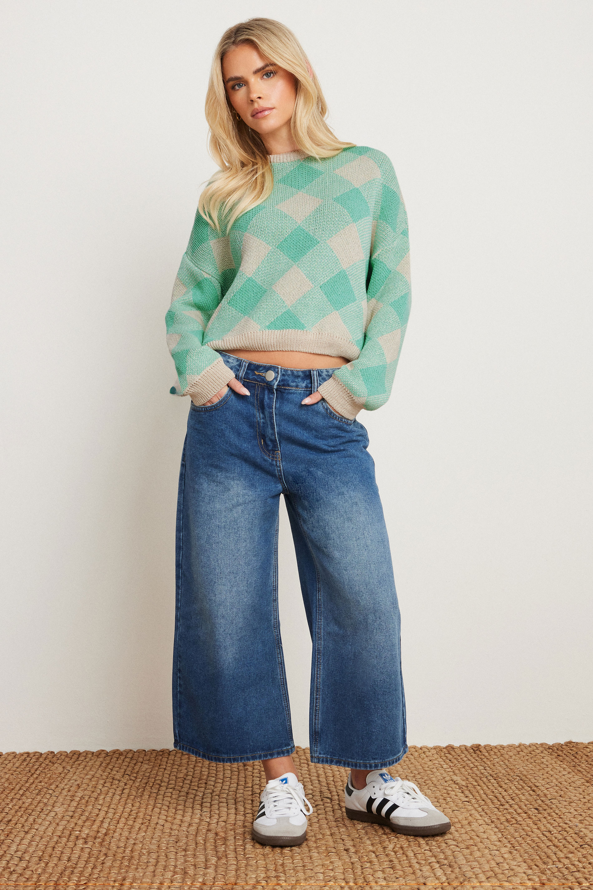 PixieGirl Petite Women's Green Knitted Check Jumper | PixieGirl 2