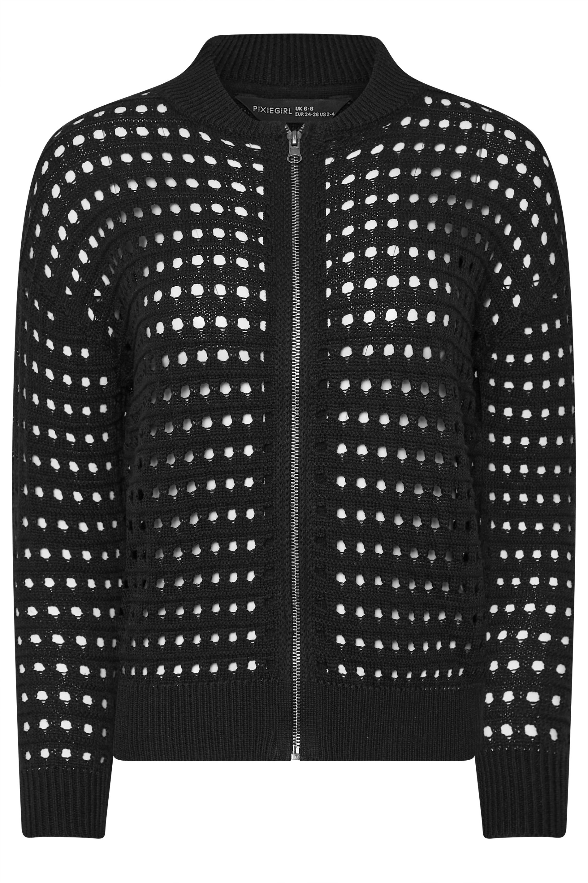 PixieGirl Petite Women's Black Crochet Knit Bomber Jacket | PixieGirl 5