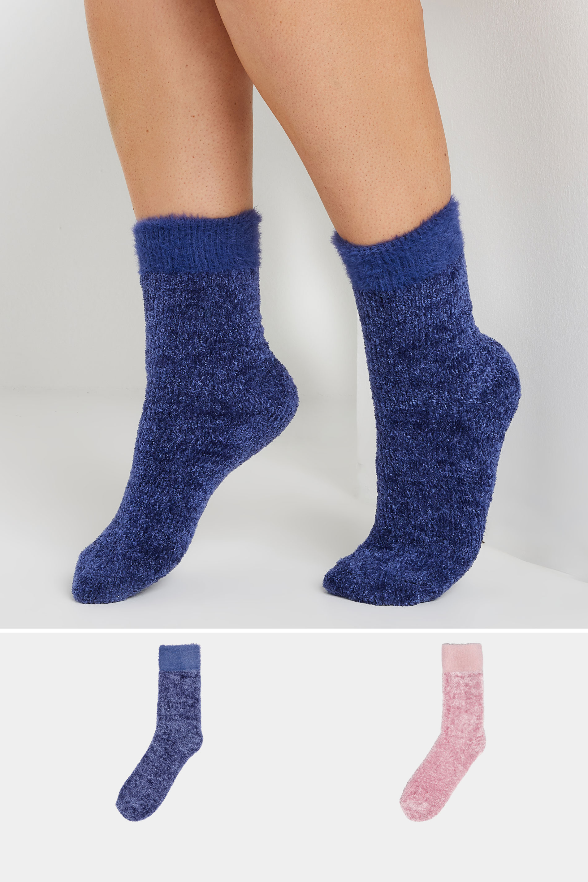 2 PACK Blue & Pink Velvet Chenille Ankle Socks | Yours Clothing 1