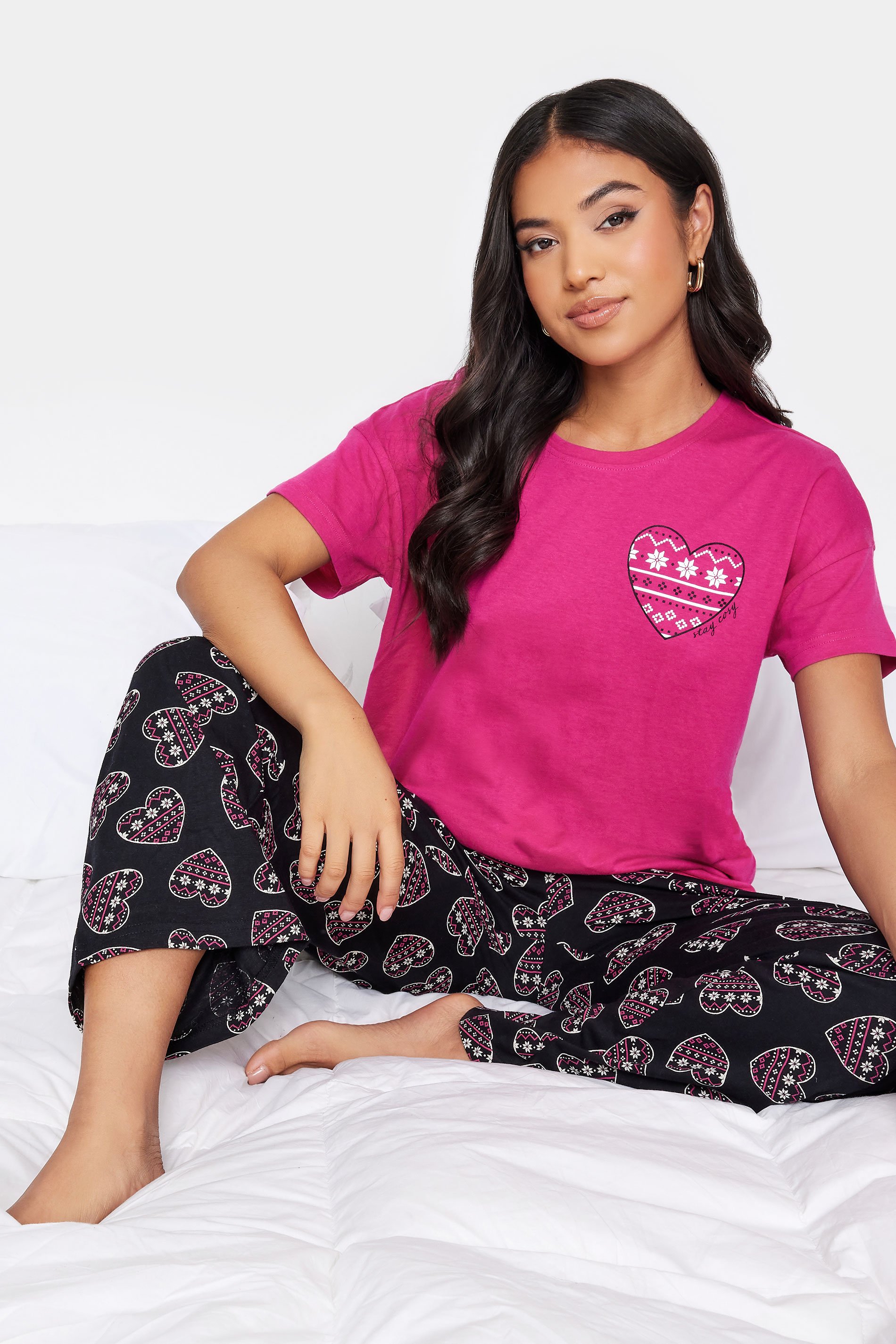 PixieGirl Petite Hot Pink & Black Fairisle Heart Print Pyjama Set | PixieGirl  1