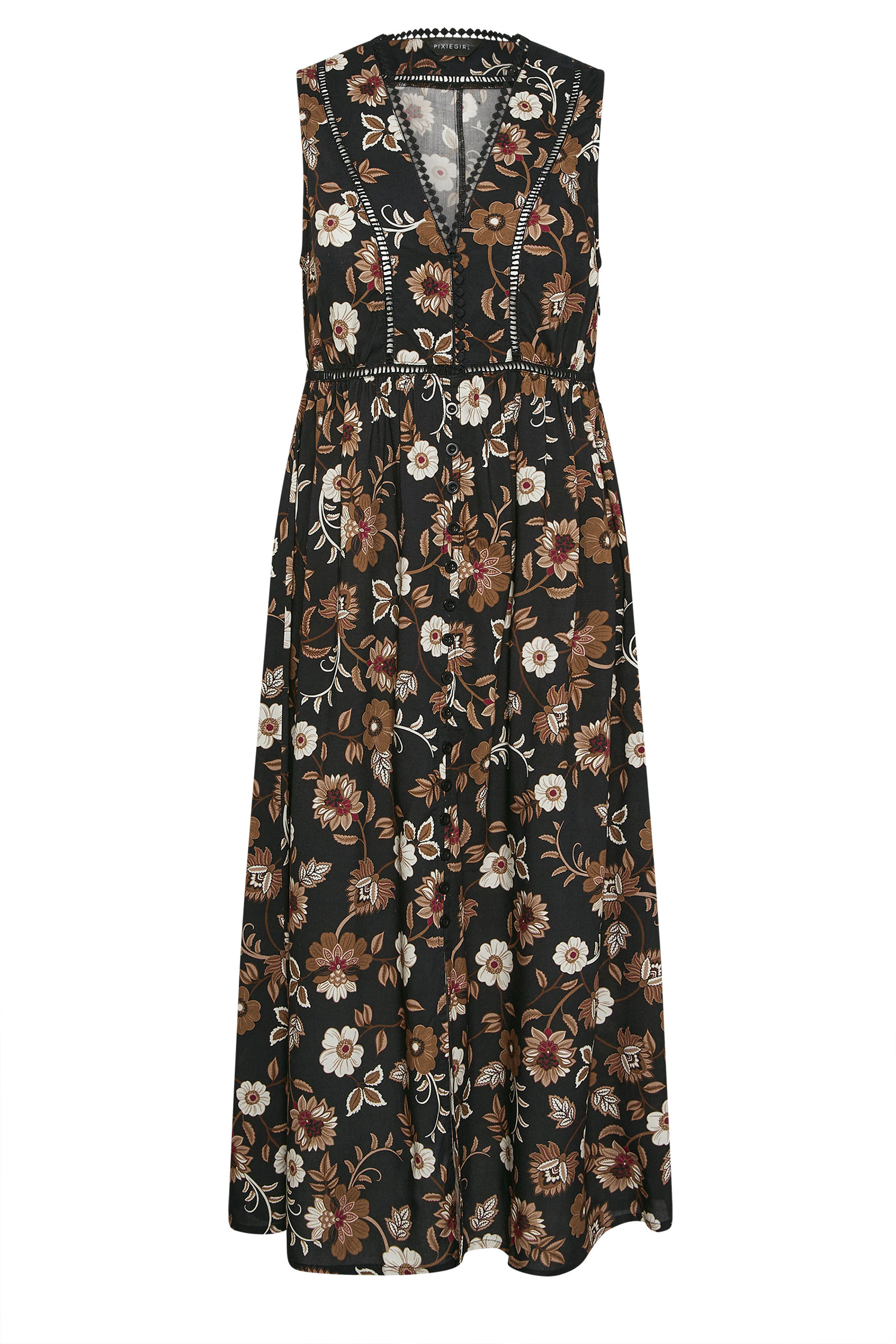 PixieGirl Petite Women's Black Floral Ladder Trim Midi Dress | PixieGirl 6