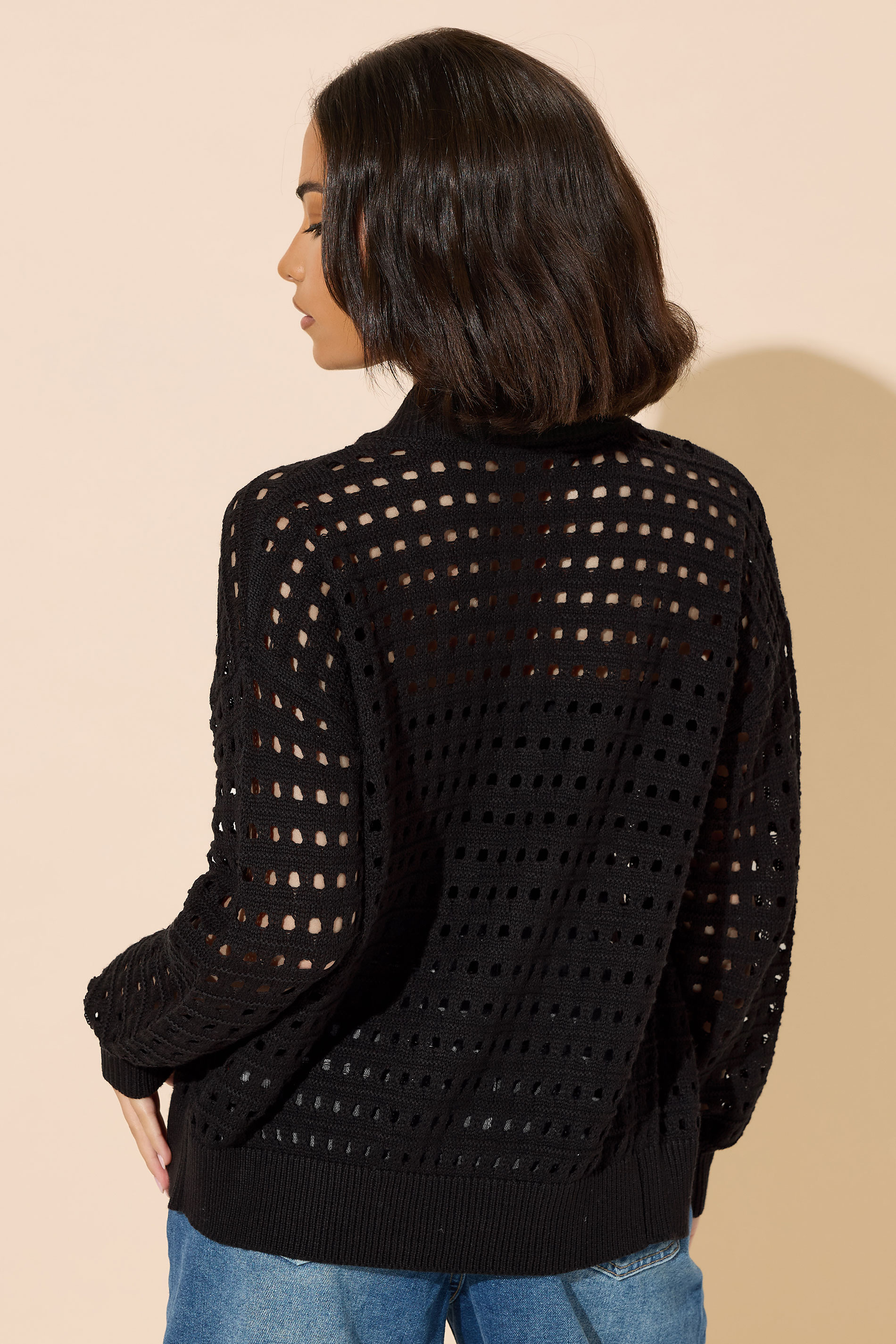 PixieGirl Petite Women's Black Crochet Knit Bomber Jacket | PixieGirl 3