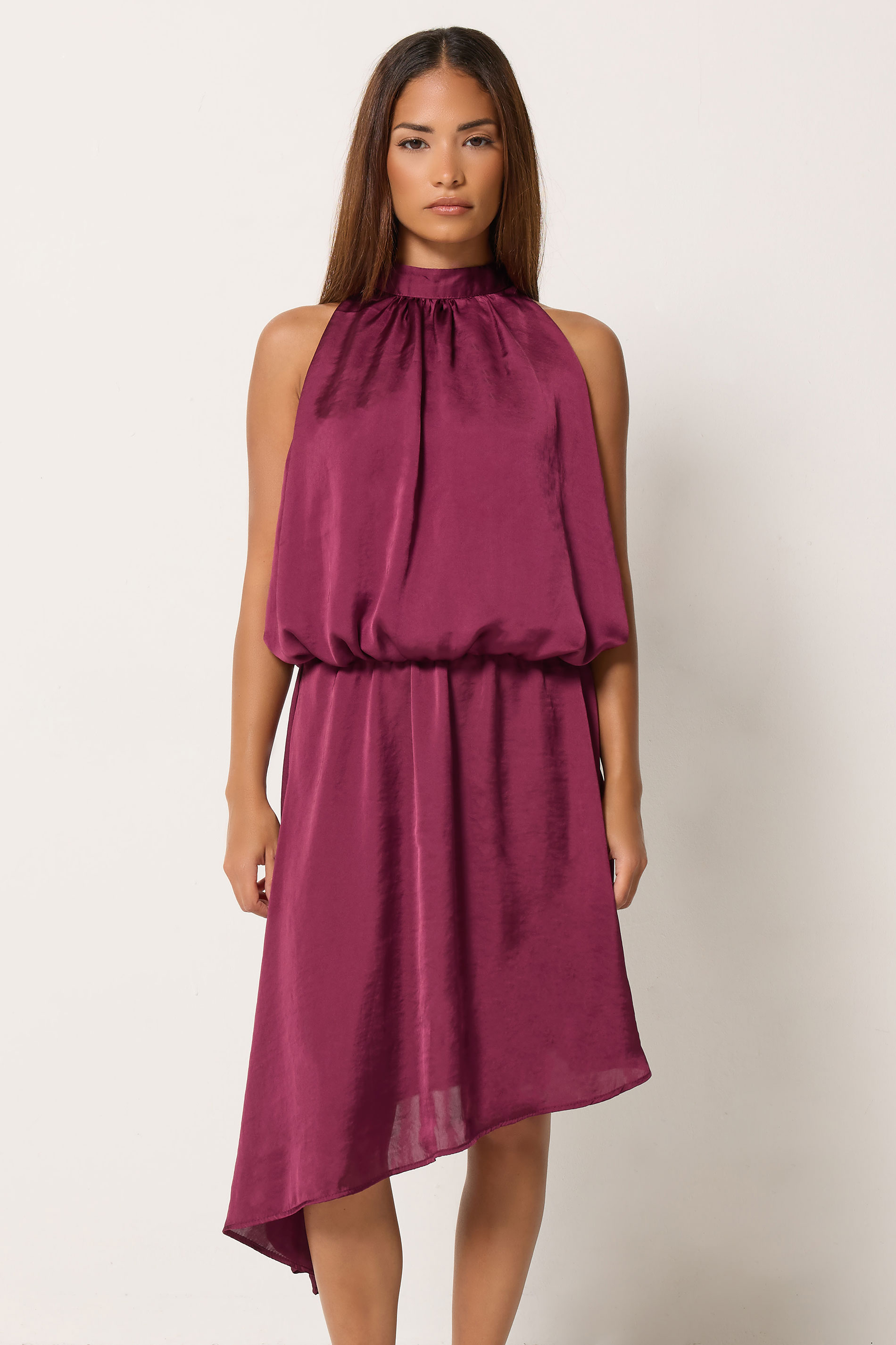 Pixiegirl Women's Red Petite Burgundy Halter Neck Satin Dress Size 16