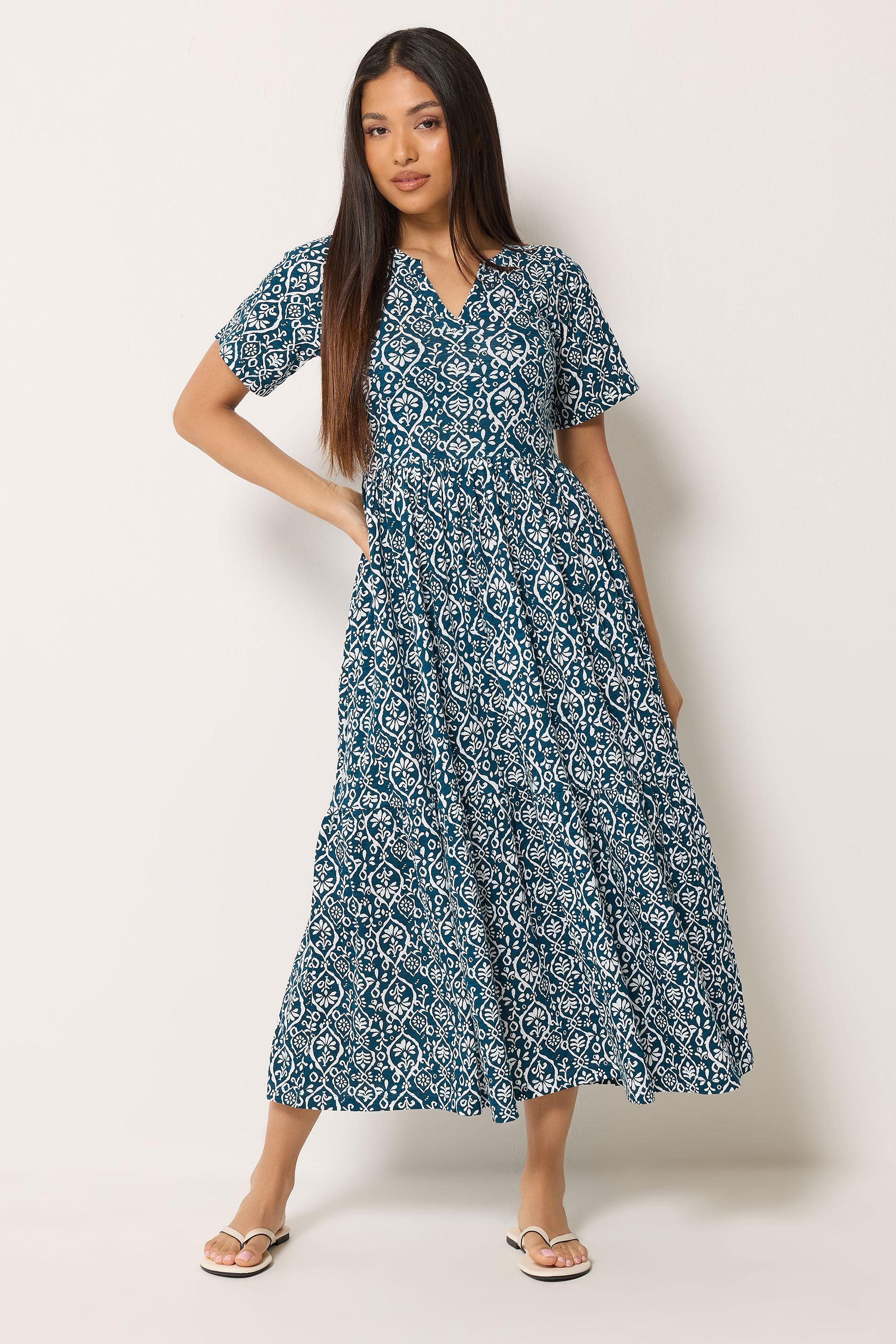 M&Co Petite Teal Blue Tile Print Cotton Midi Dress | M&Co 3