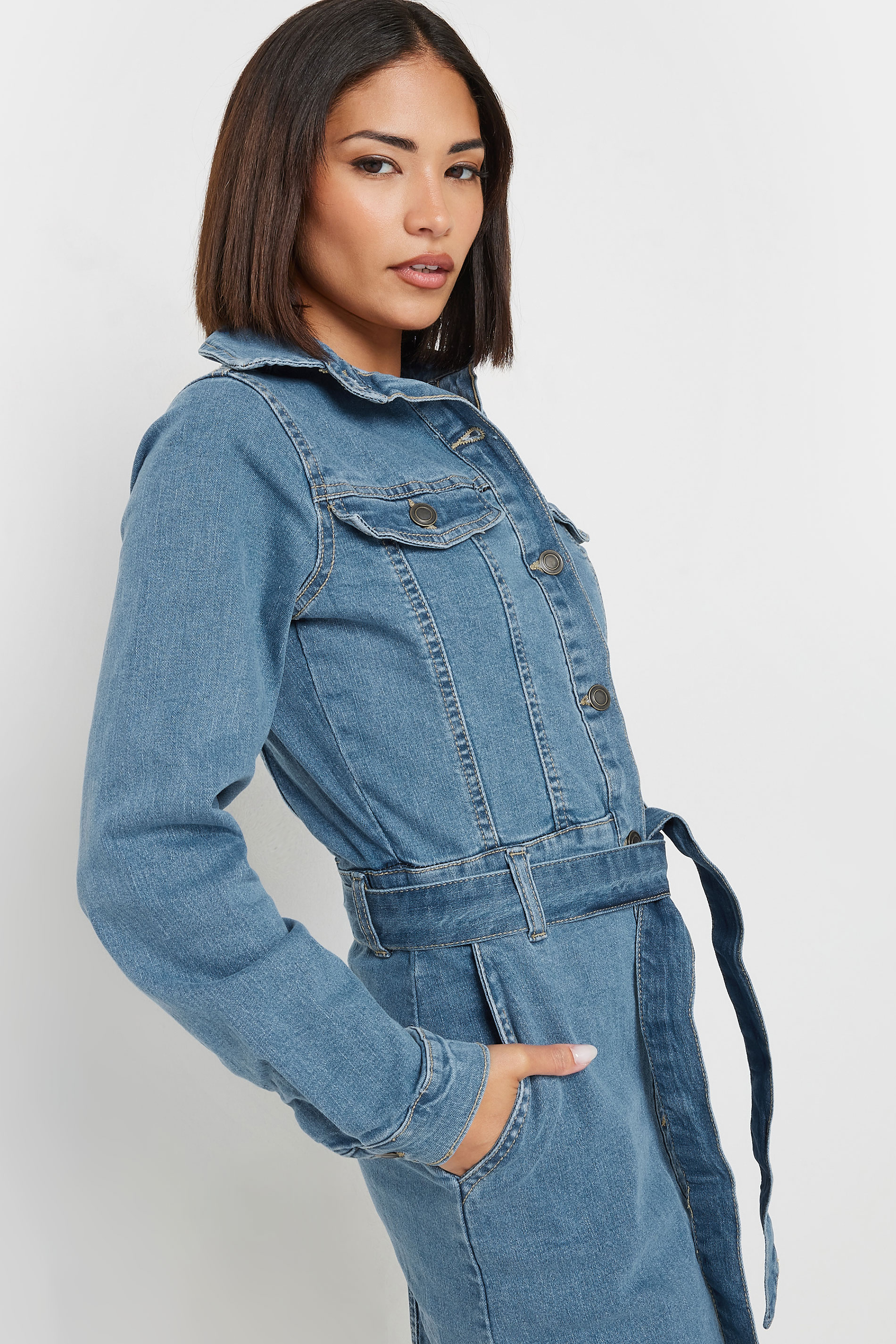 PixieGirl Petite Womens Mid Blue Denim Tie Waist Midi Dress | PixieGirl  5