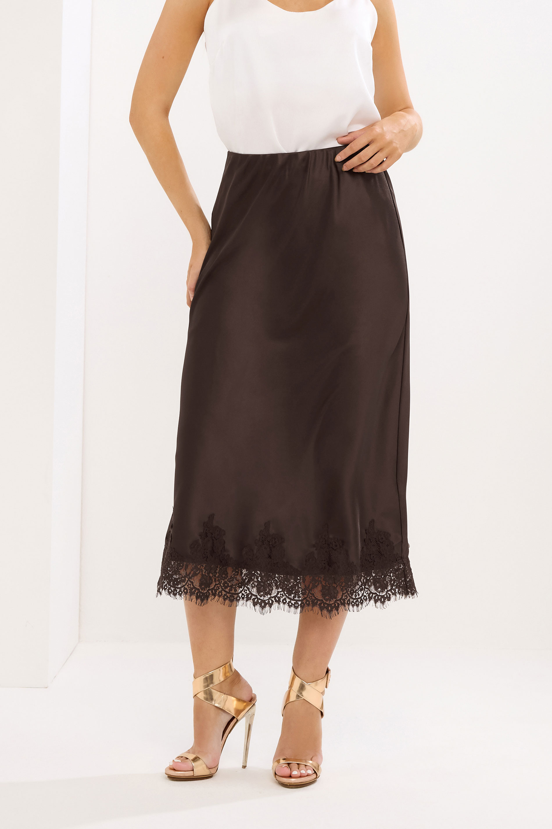 STAR Brown Lace Trim Satin Skirt | StarByJM 1