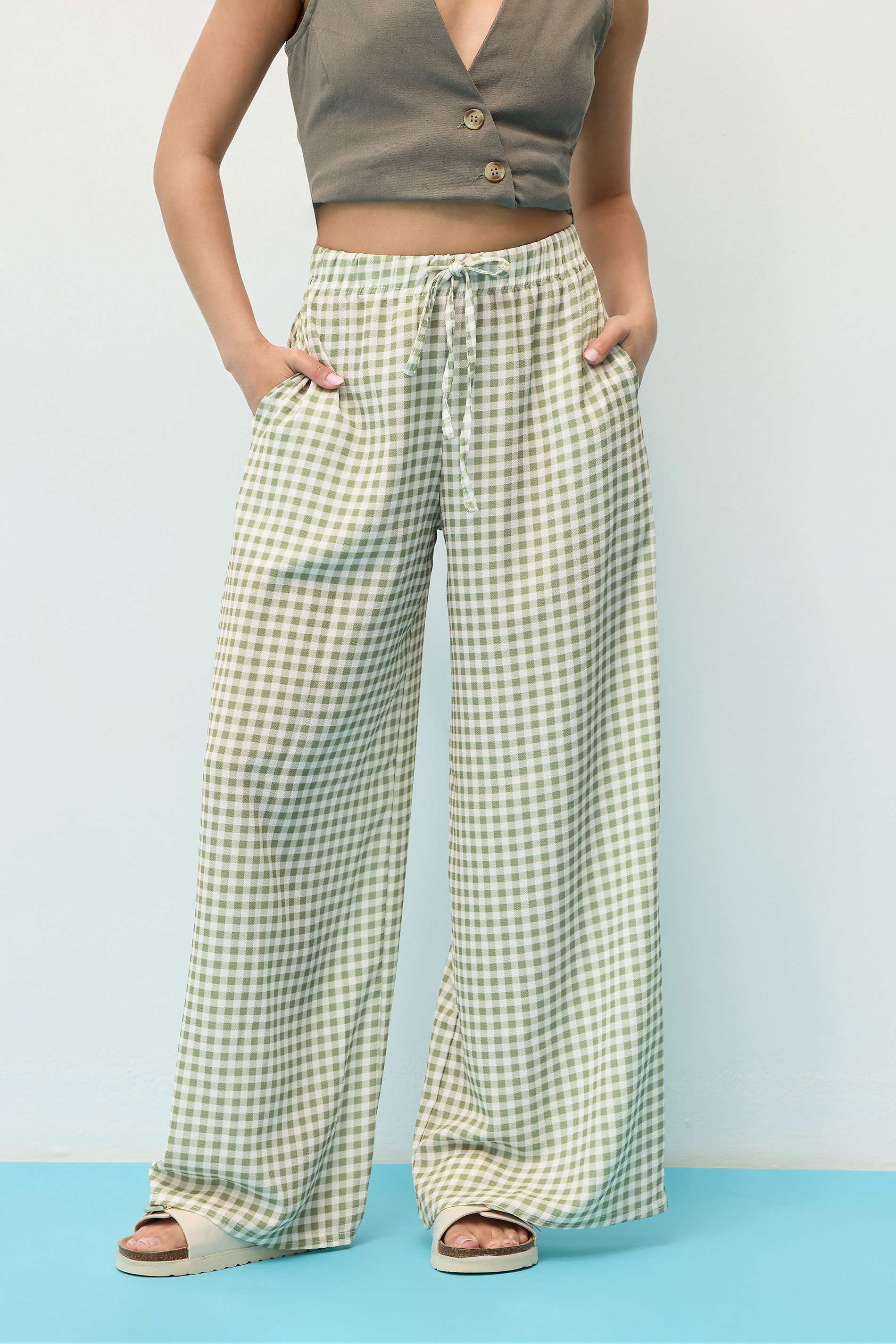 PixieGirl Petite Women's Sage Green Gingham Wide Leg Trousers | PixieGirl 2