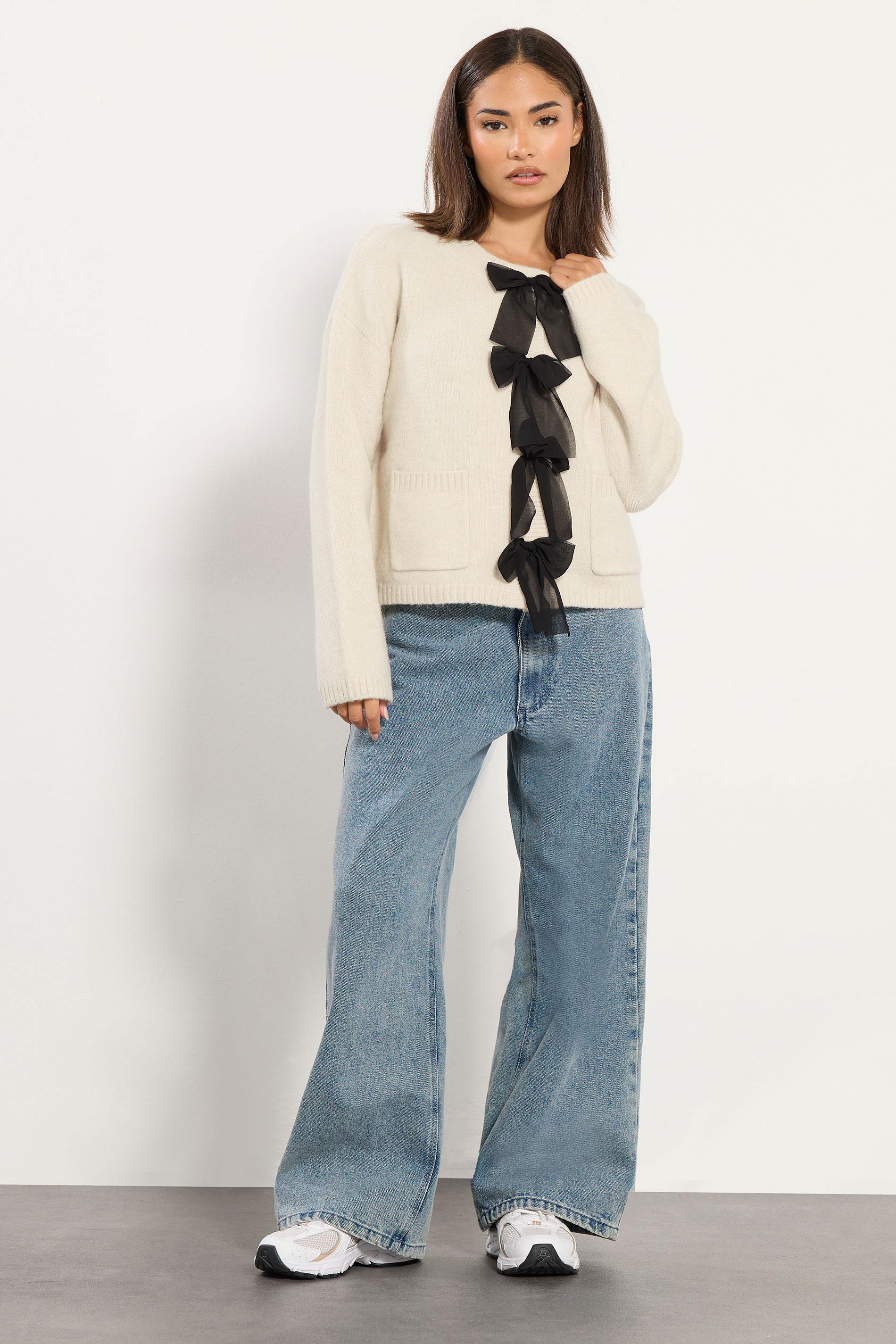 PixieGirl Petite Women's Cream Knitted Bow Front Cardigan | PixieGirl 3