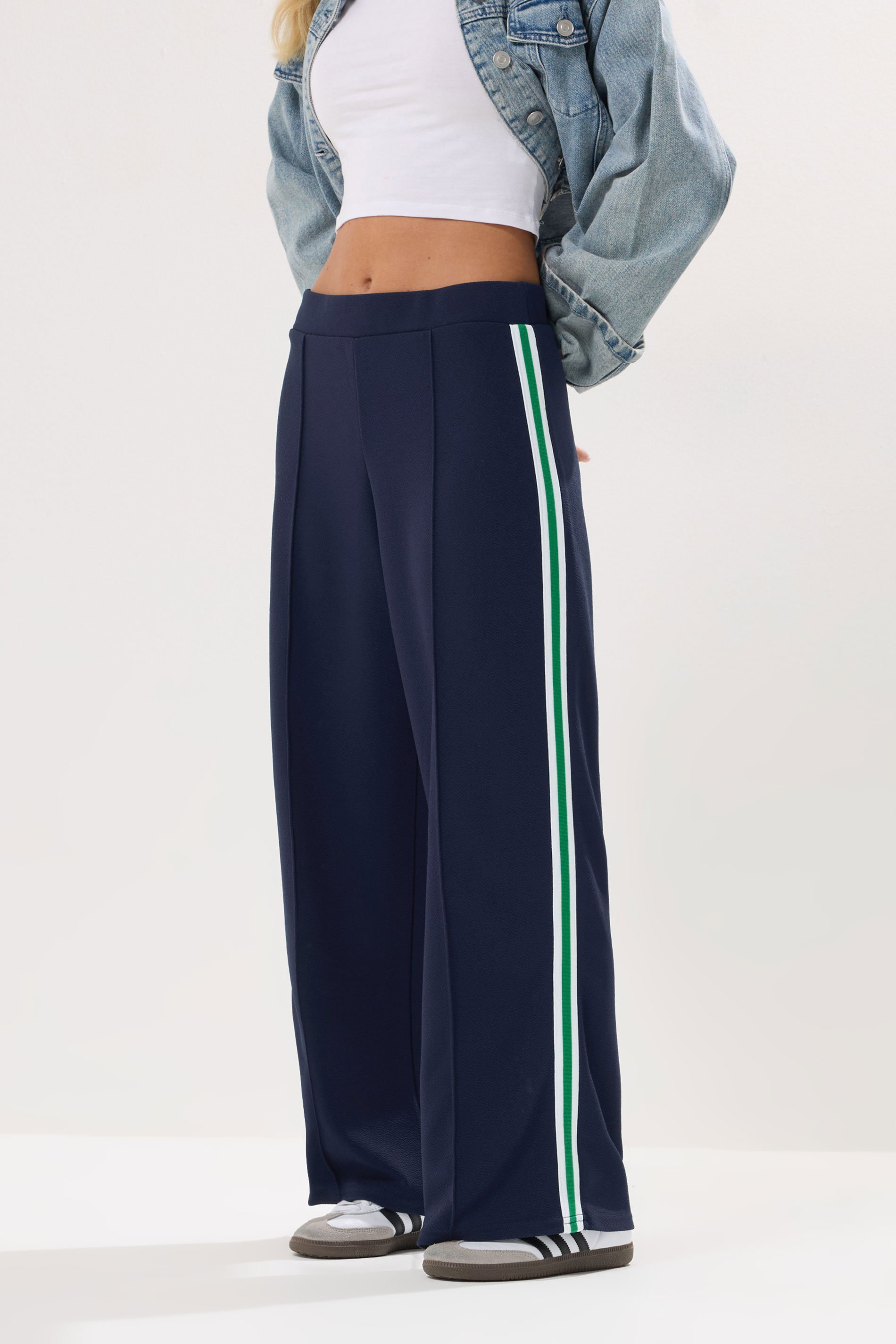 PixieGirl Petite Women's Navy Blue Side Stripe Trousers | PixieGirl 2