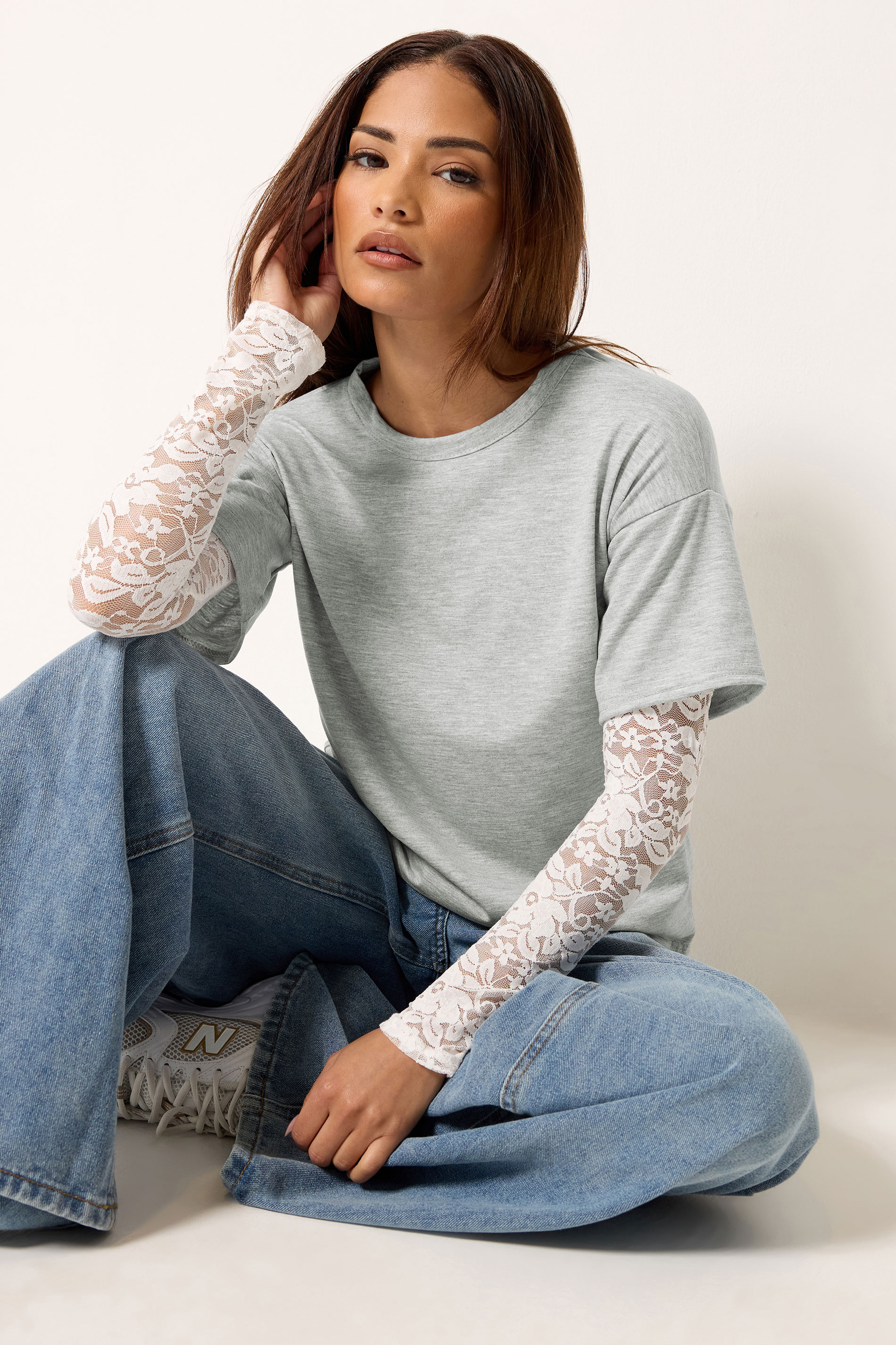 PixieGirl Petite Women's Grey & White Long Sleeve Lace T-Shirt | PixieGirl 3