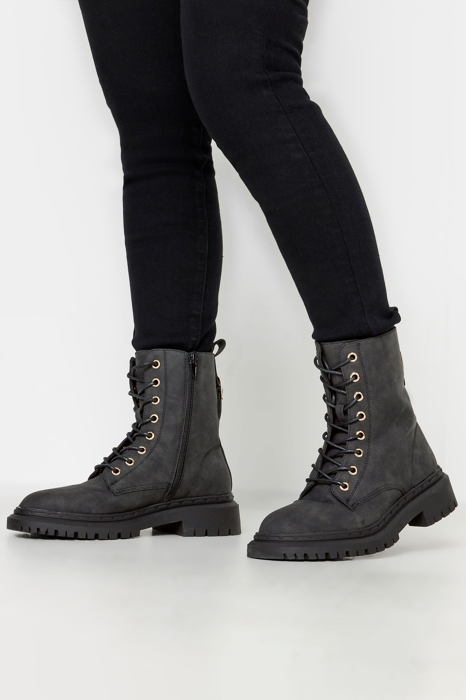 PixieGirl Black Chunky Lace Up Boots In Standard Fit | PixieGirl