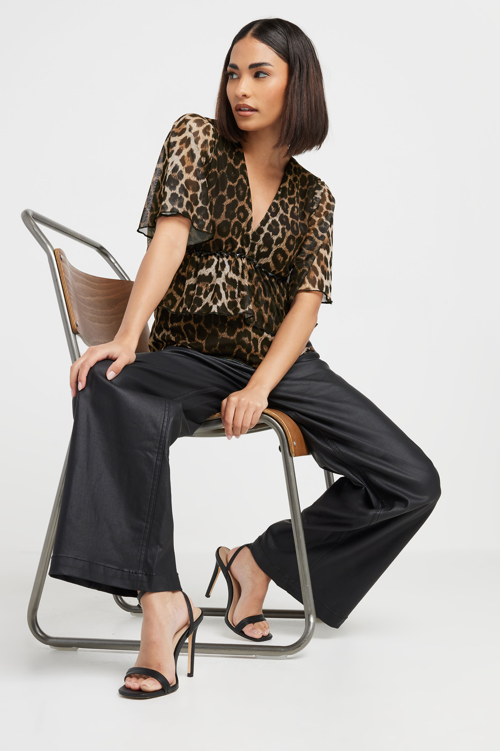 PixieGirl Petite Women's Brown Leopard Print Mesh Frill Smock Top | PixieGirl 5