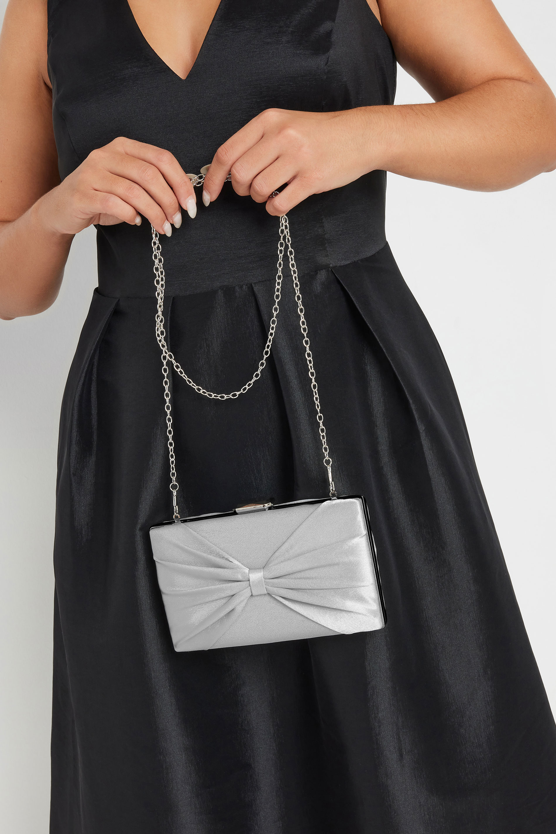 Silver Satin Bow Detail Clutch Bag | Yours Clothing 2